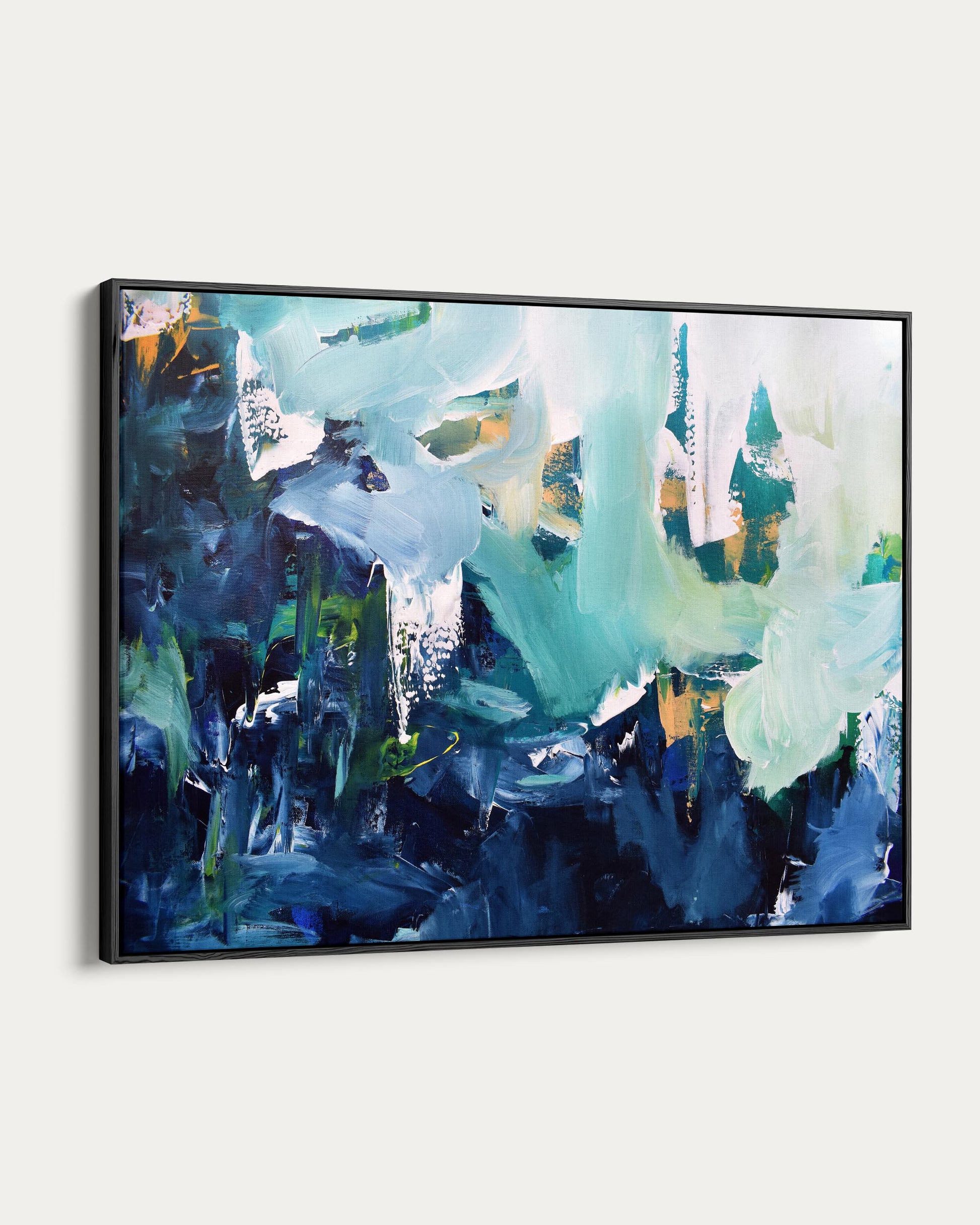 Abstract painting with blue, green, and white colors on a white background