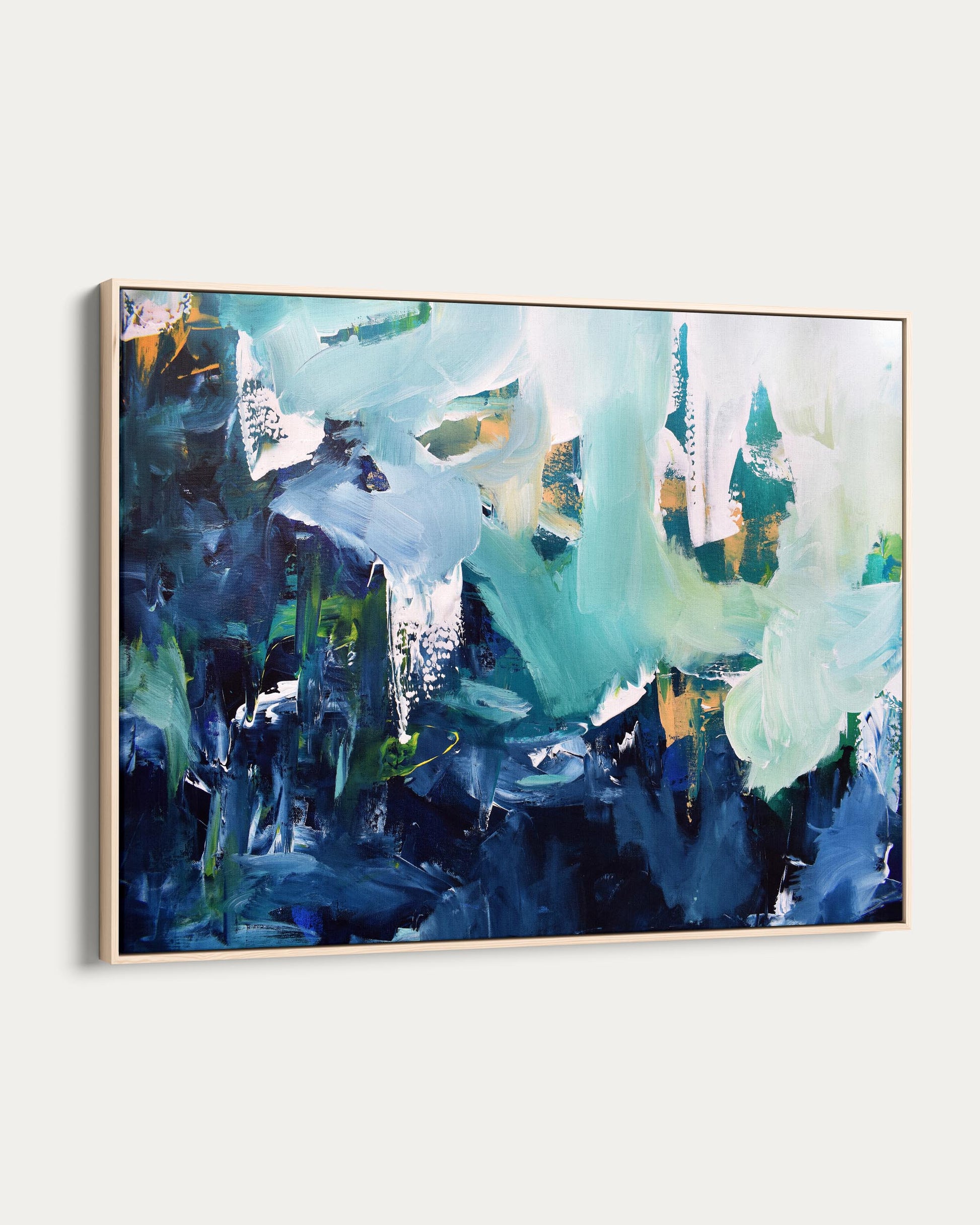 Abstract painting with blue, green, and white colors on a white background