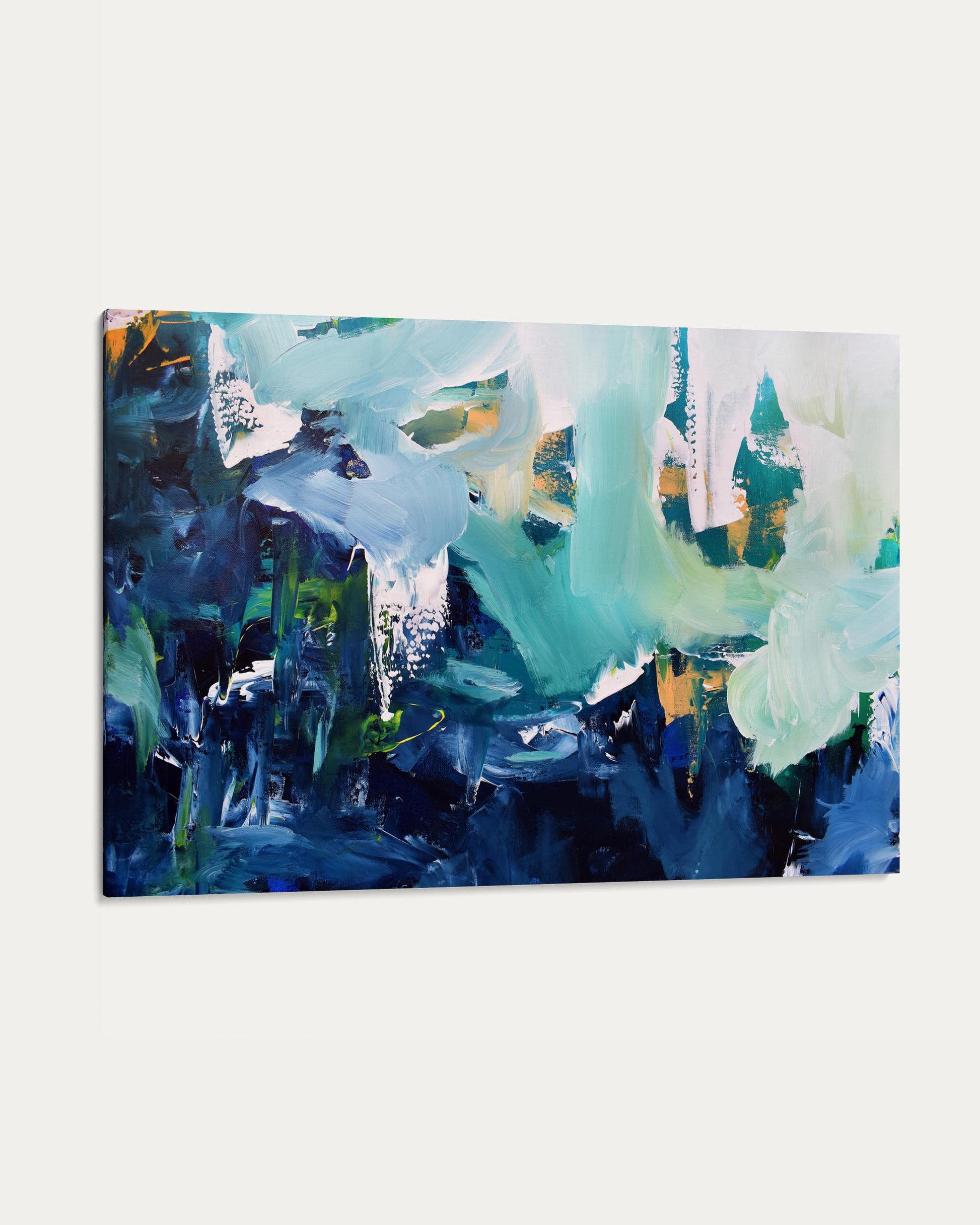 Abstract painting with blue, green, and white colors on a white background