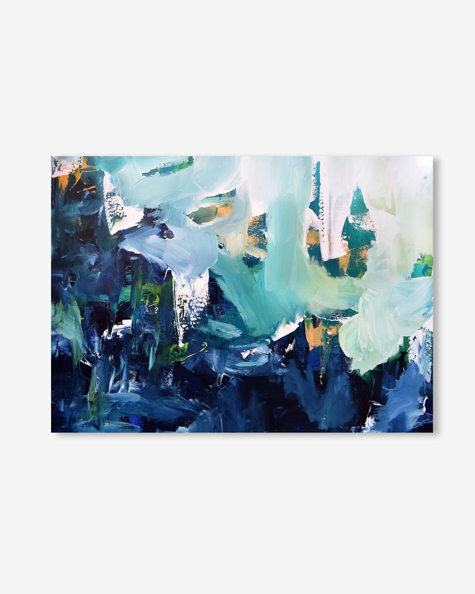 Abstract painting with blue, green, and white colors on a white background
