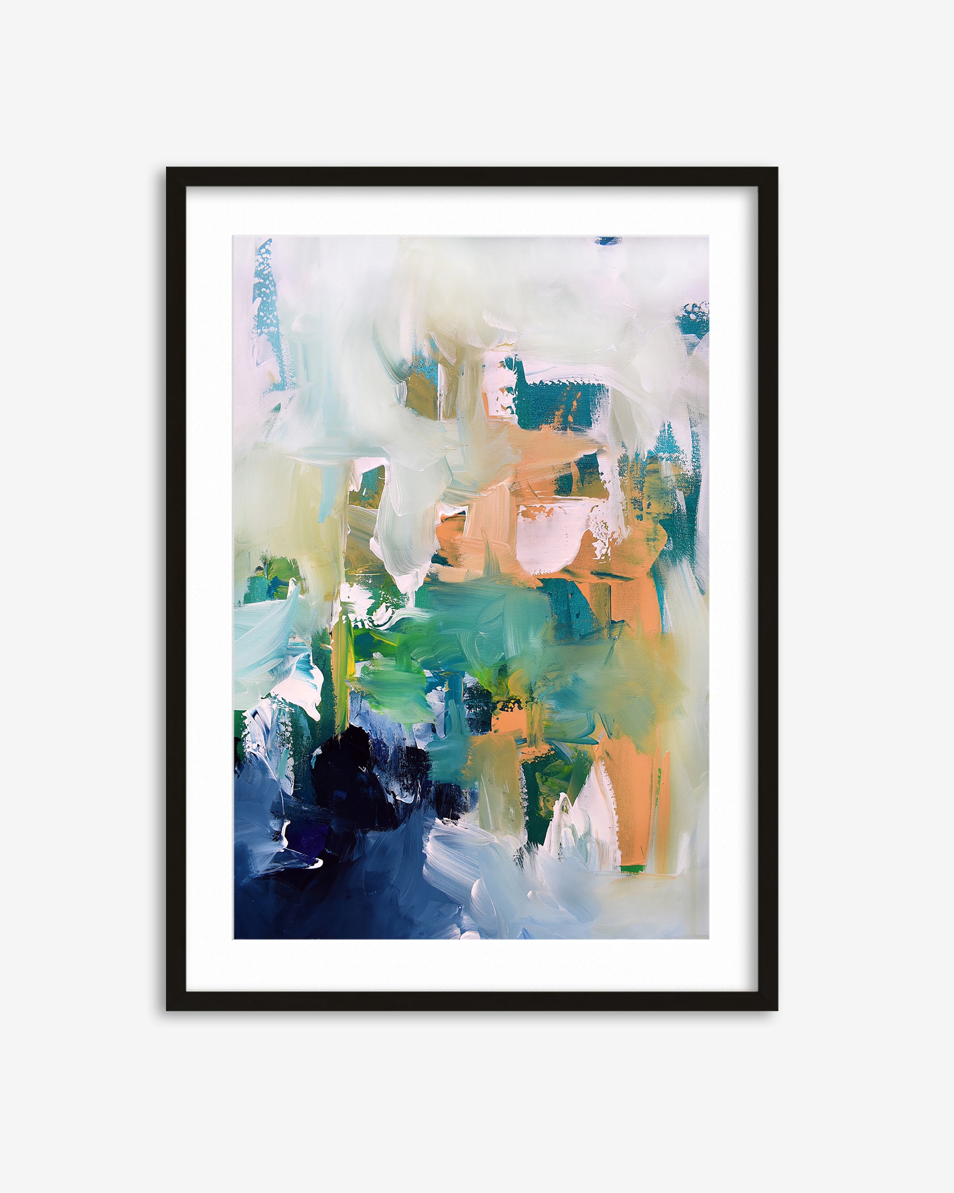 Framed abstract art print with colorful brush strokes on a white background