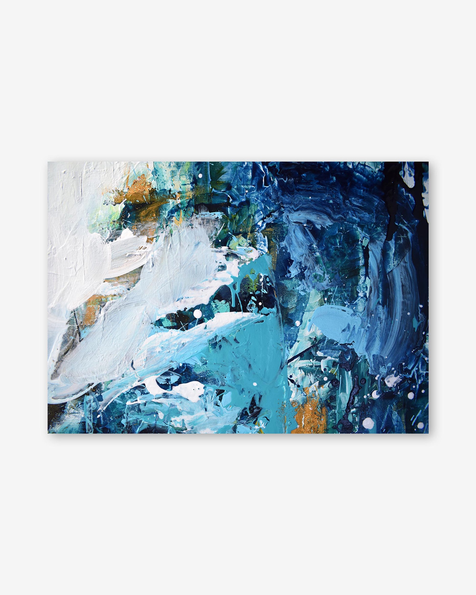 Abstract art piece with blue, white, and gold colors on a white background