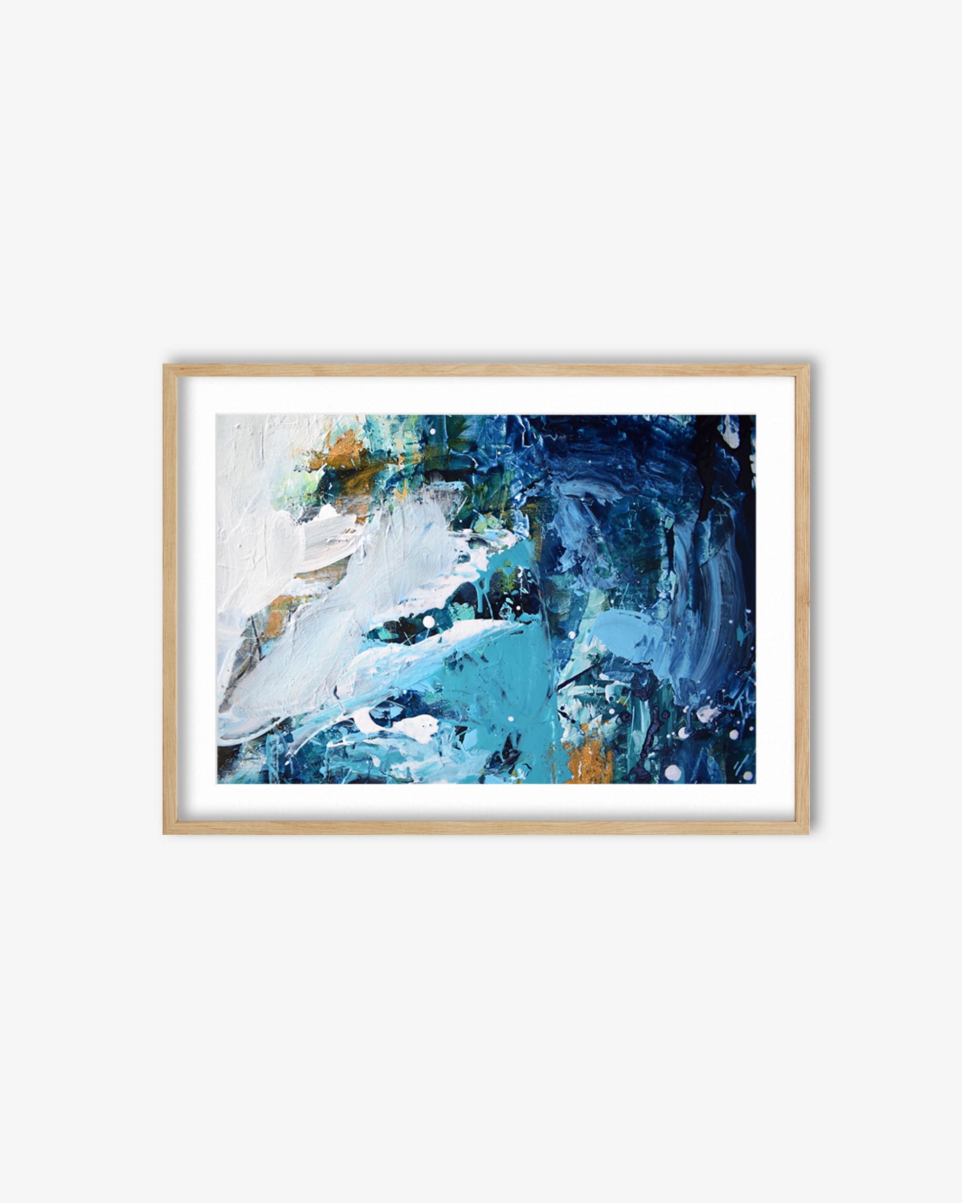 Framed abstract painting with blue and white colors on a light gray background
