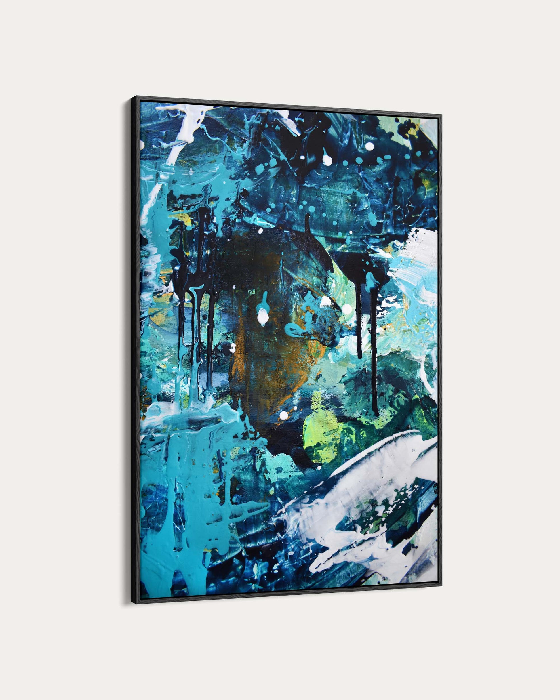 Abstract painting with blue, green, and black colors on a white background