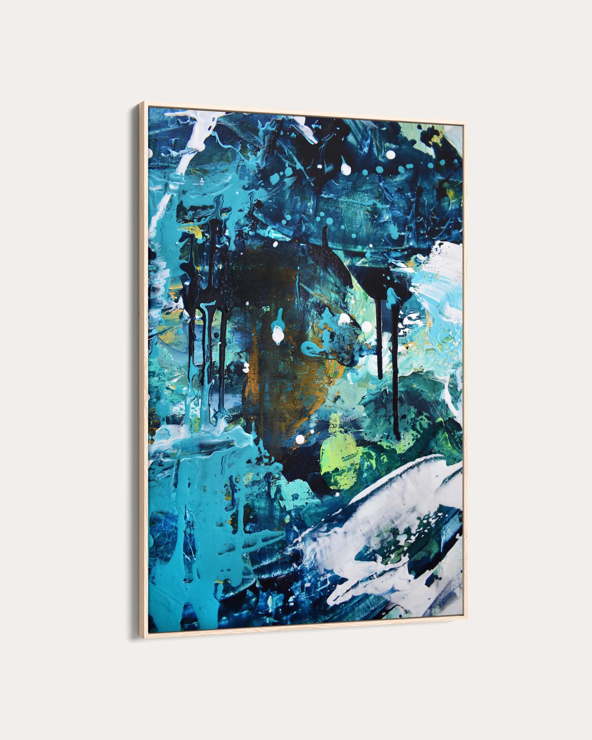 Abstract painting with blue, green, and black colors on a white background