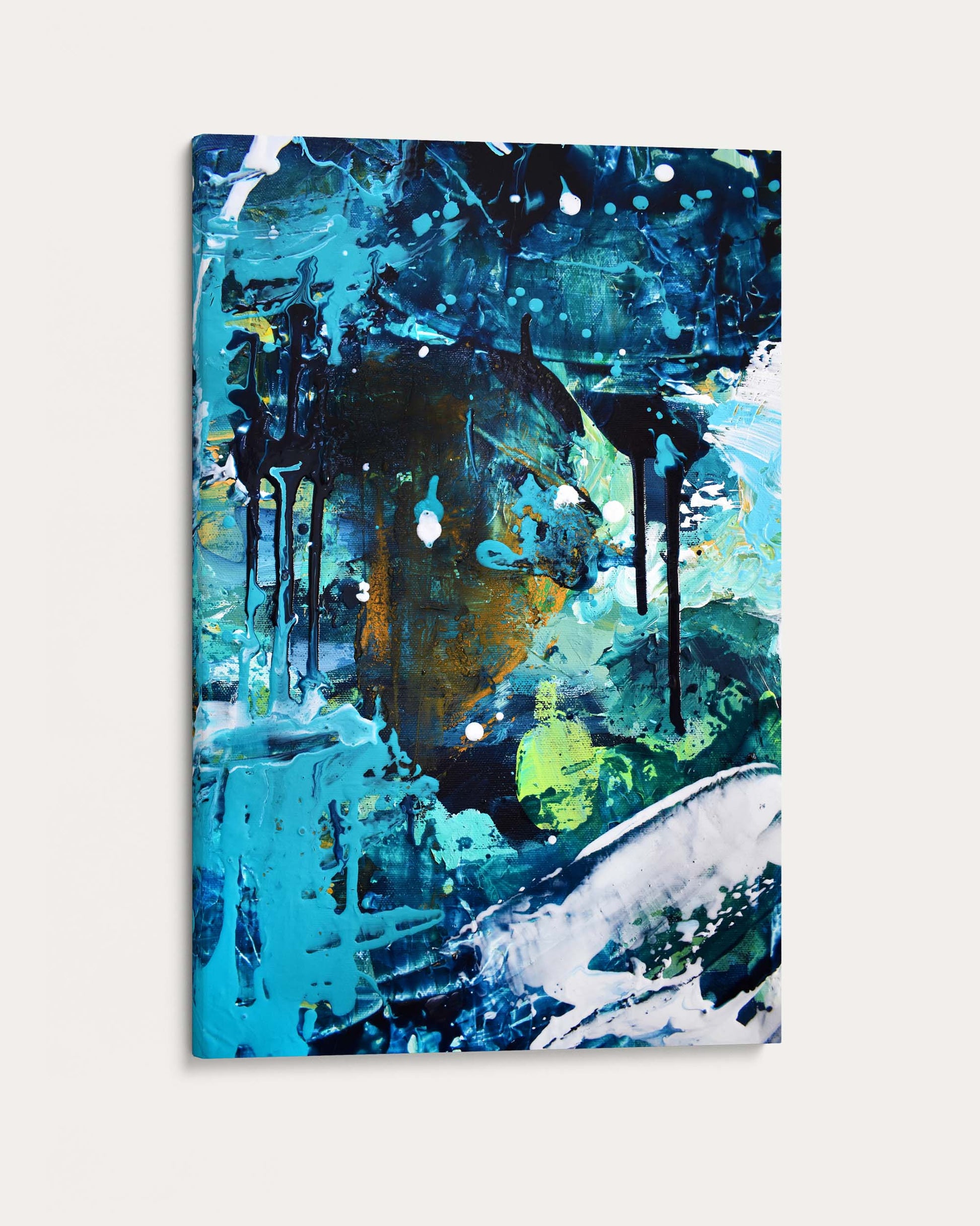 Abstract painting with blue, green, and black colors on a white background