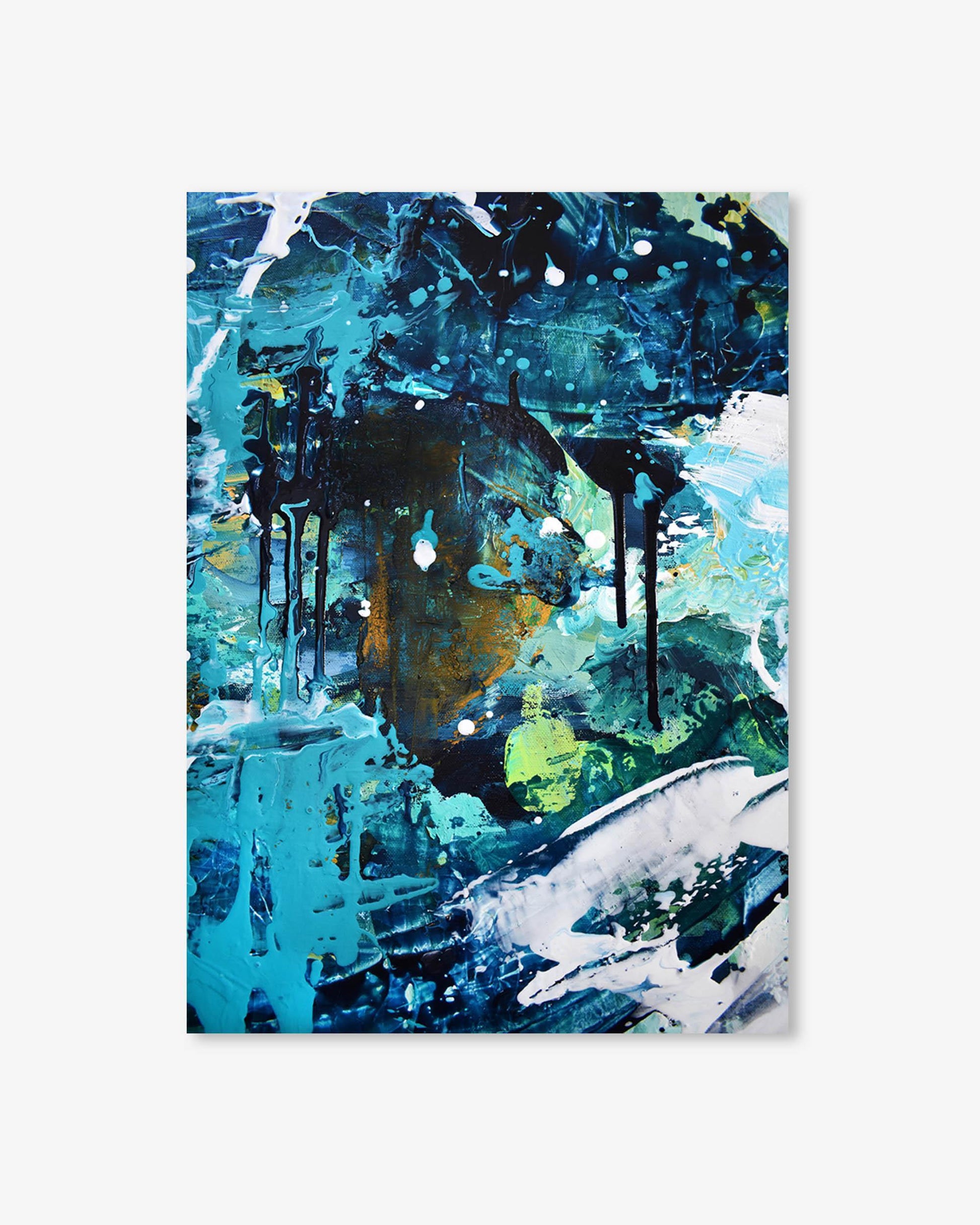 Abstract painting with blue, green, and black colors on a white background