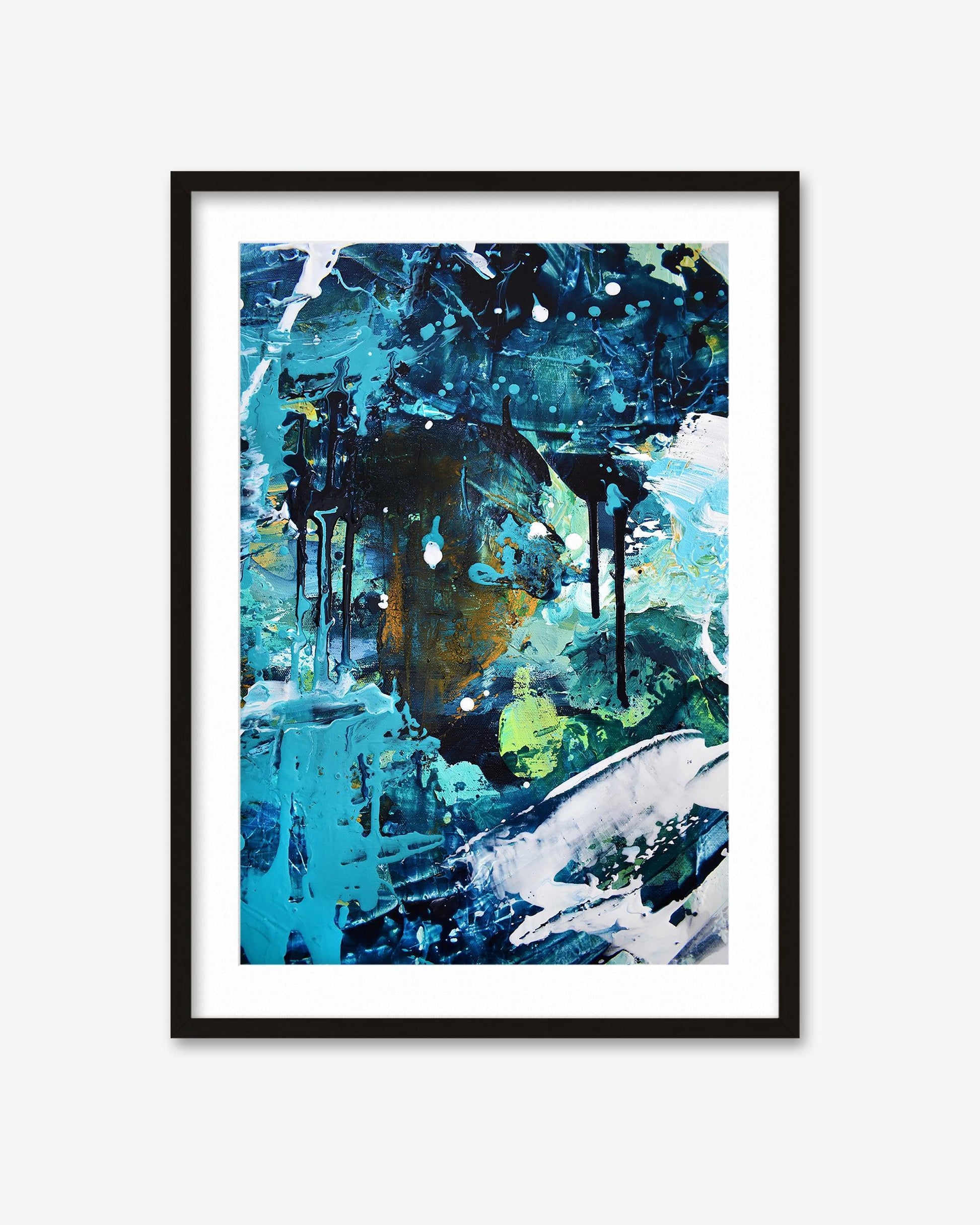 Framed abstract artwork with blue and green tones on a white background