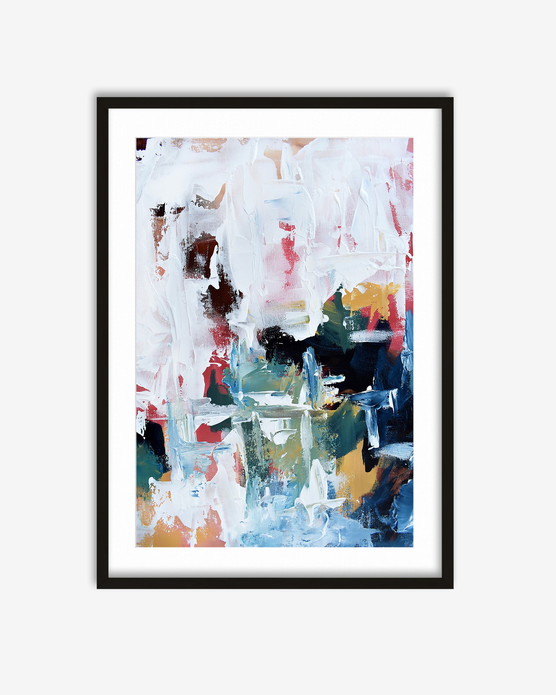 Framed abstract art print with multicolor brush strokes on a white background