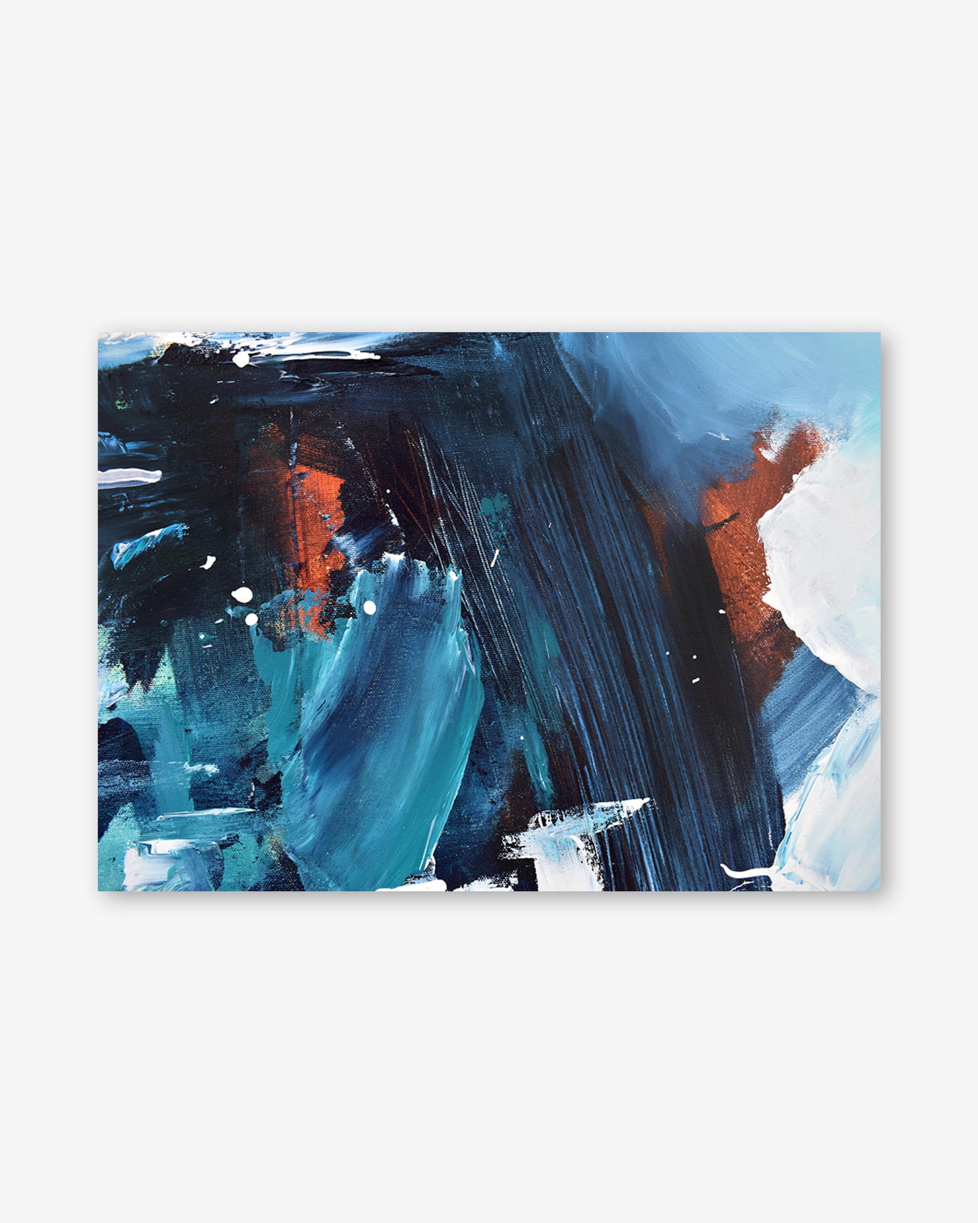 Abstract painting with blue, black, and orange strokes on a white background