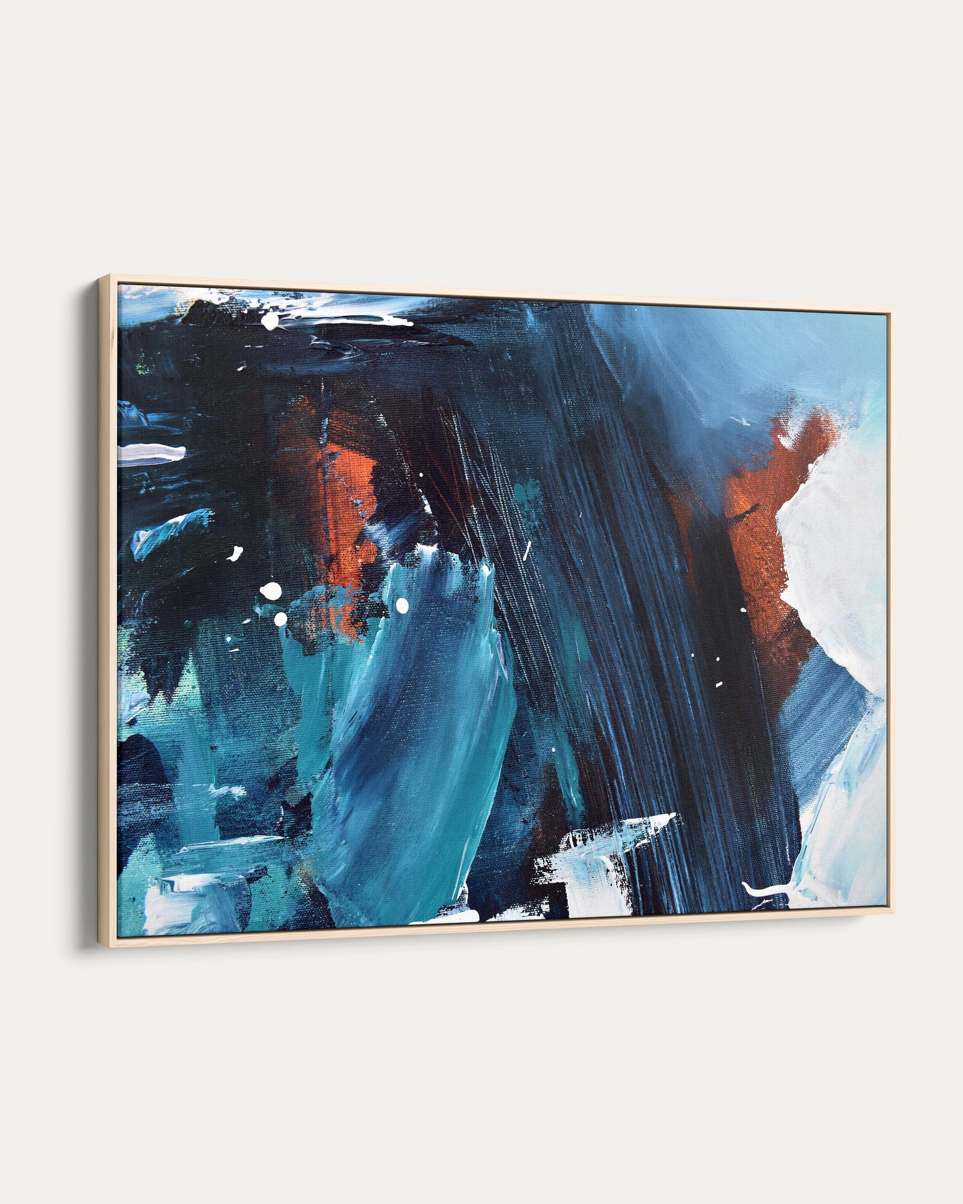 Abstract painting with blue and black strokes on a white background