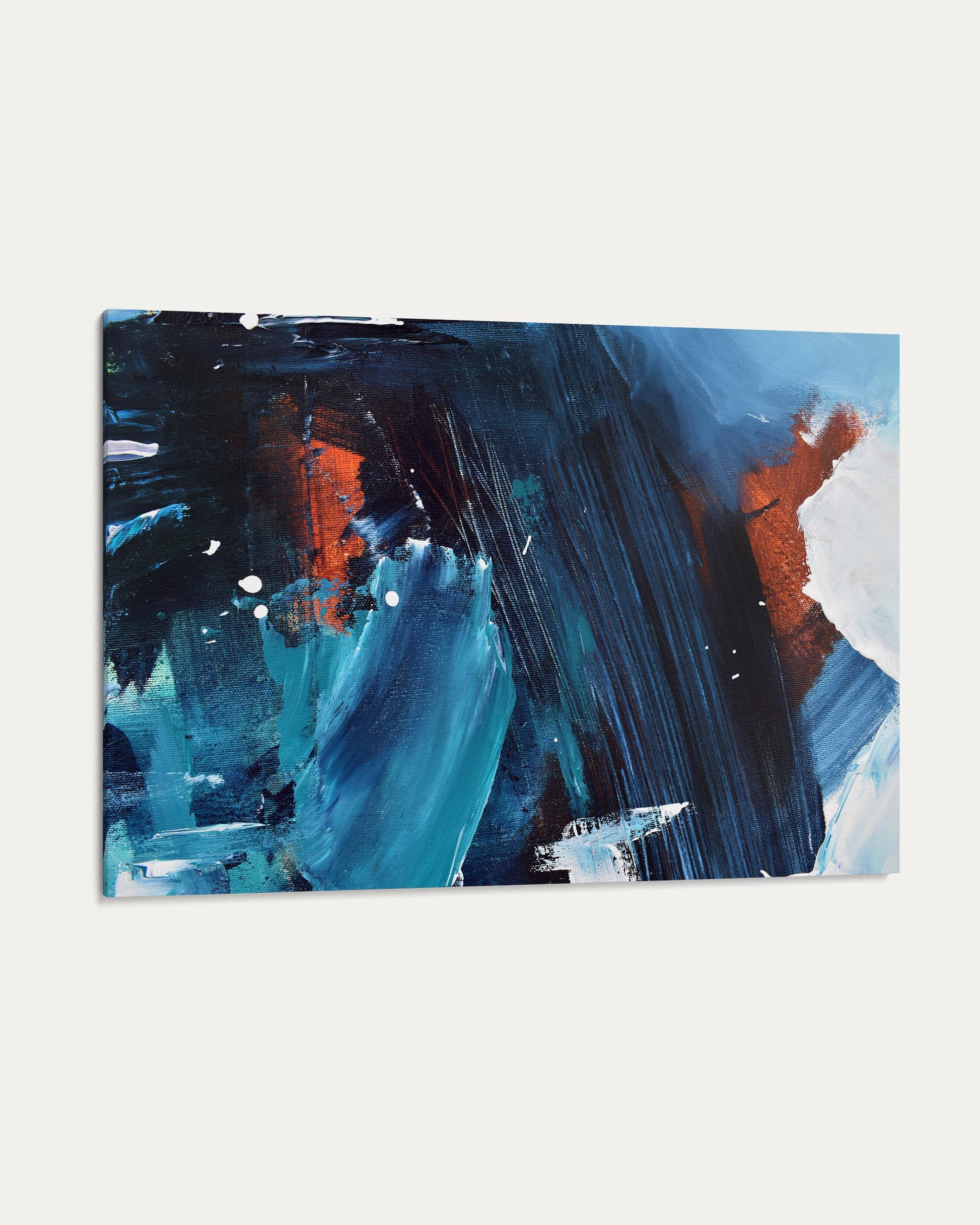 Abstract painting with blue, black, and orange strokes on a white background