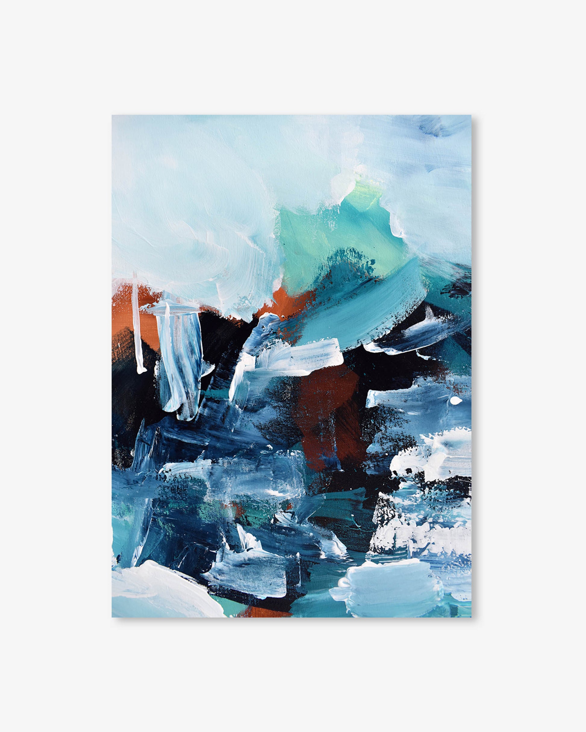 Abstract painting with blue, green, and brown colors on a white background
