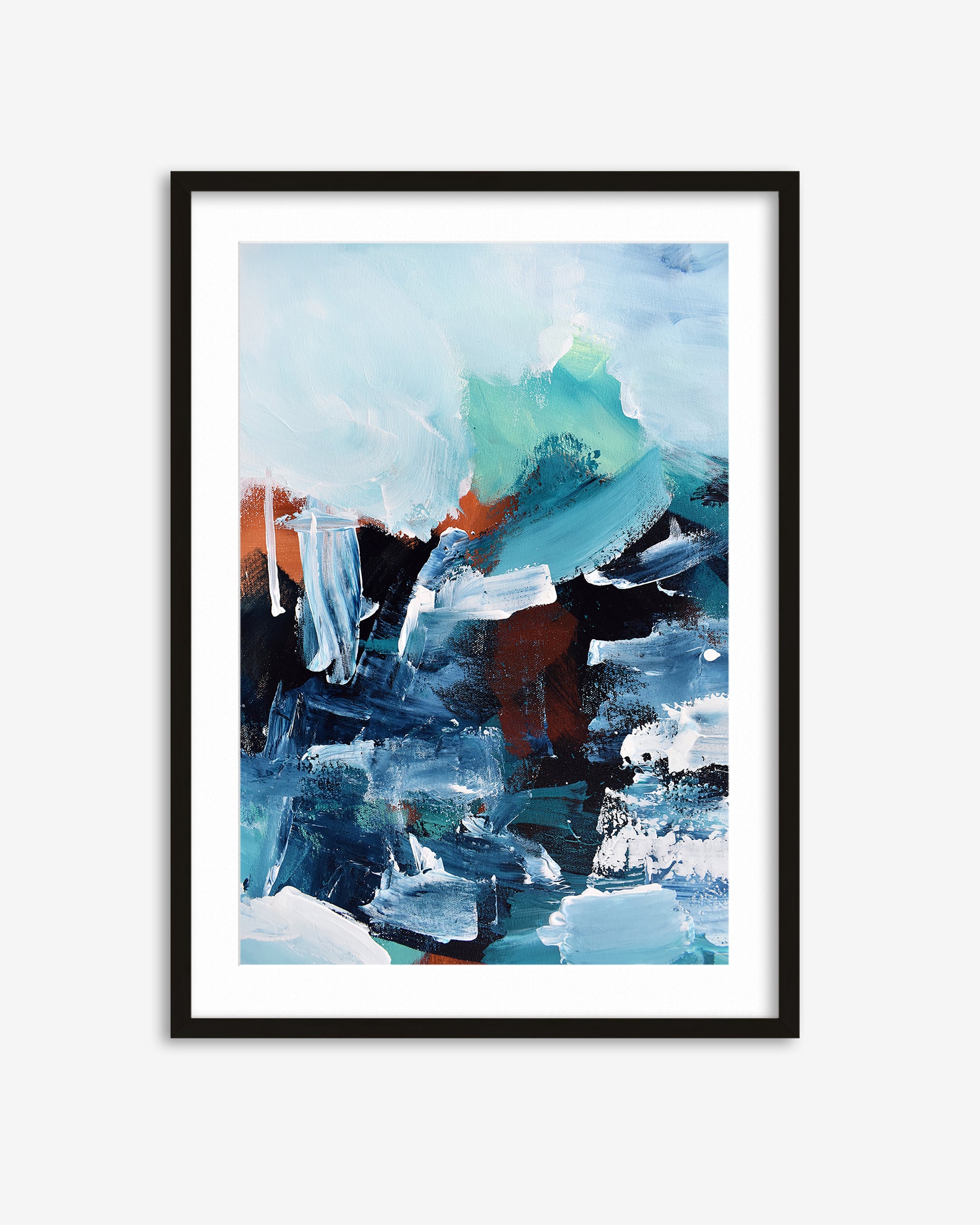 Framed abstract art print with blue, green, and brown colors on a white background