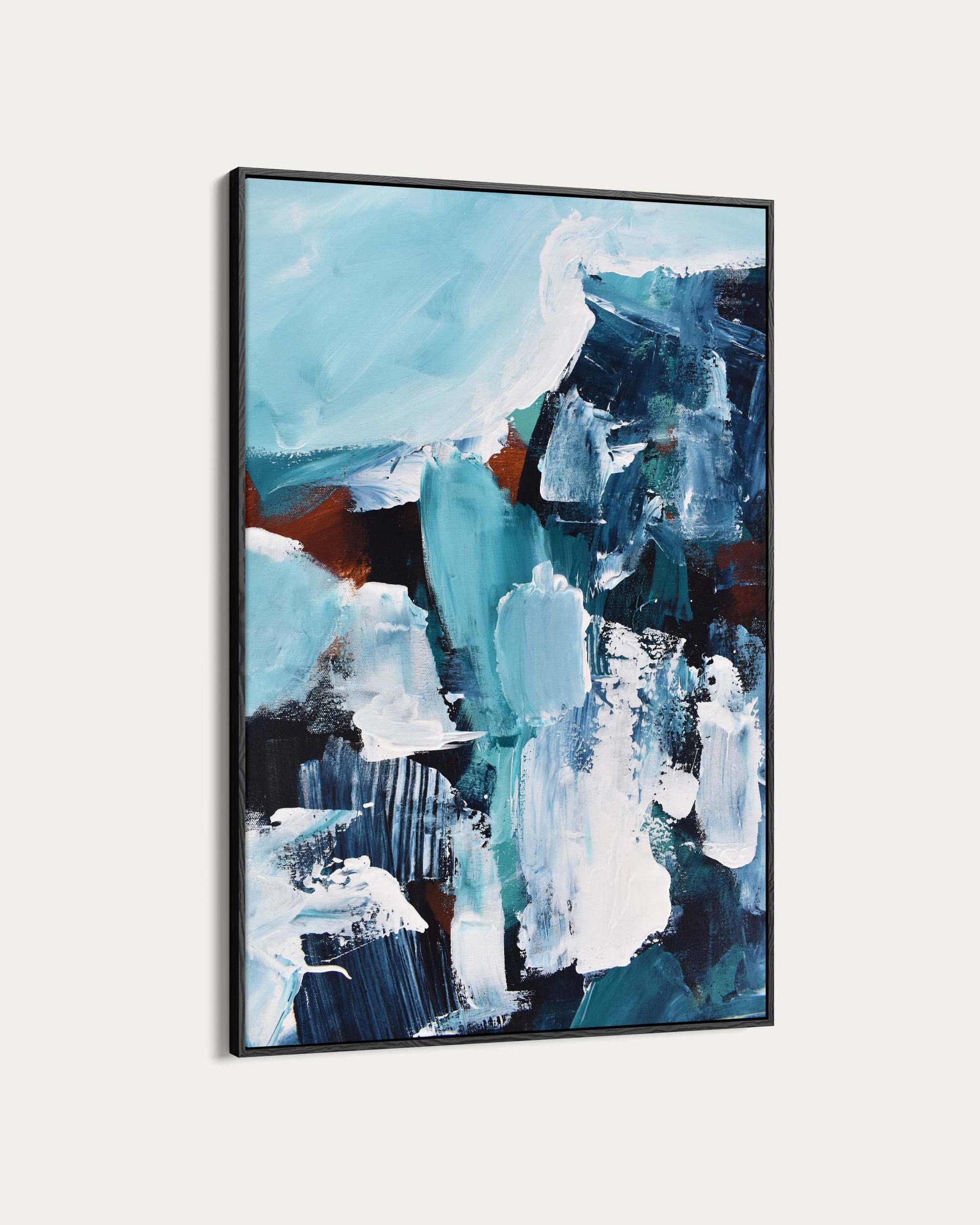 Abstract art painting with blue, white, and black colors on a light gray background