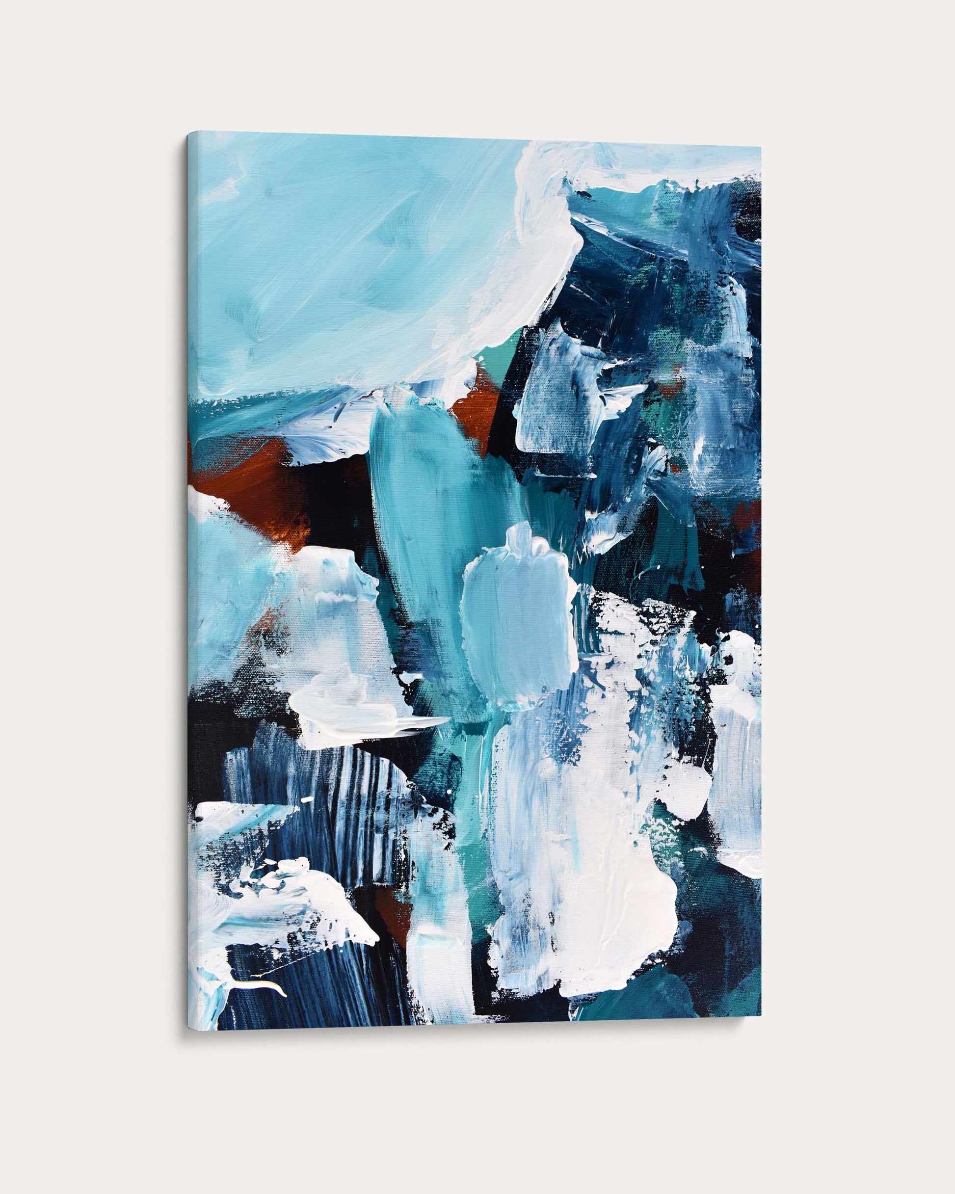 Abstract painting with blue, white, and black colors on a light gray background