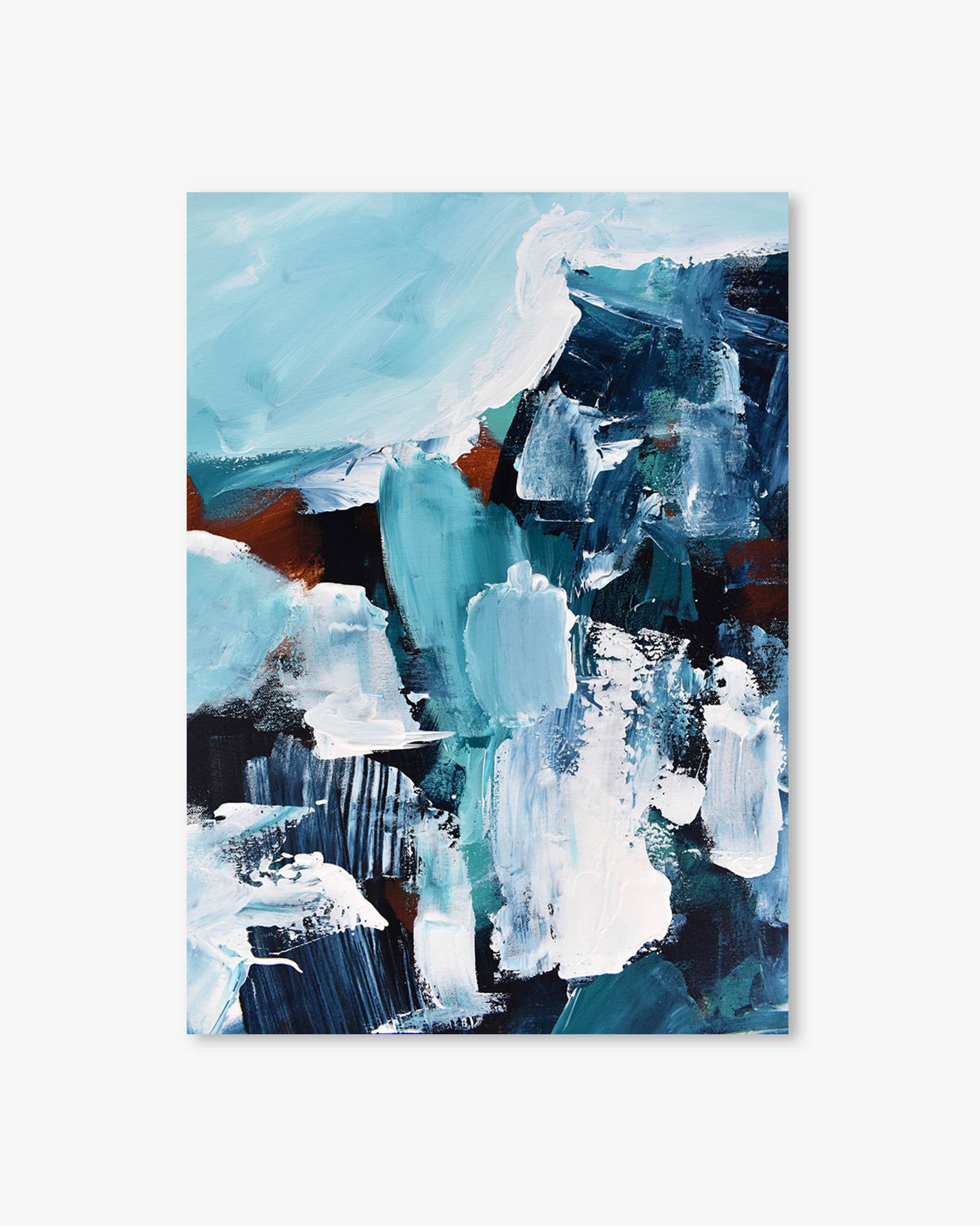 Abstract painting with blue, white, and black colors on a light gray background