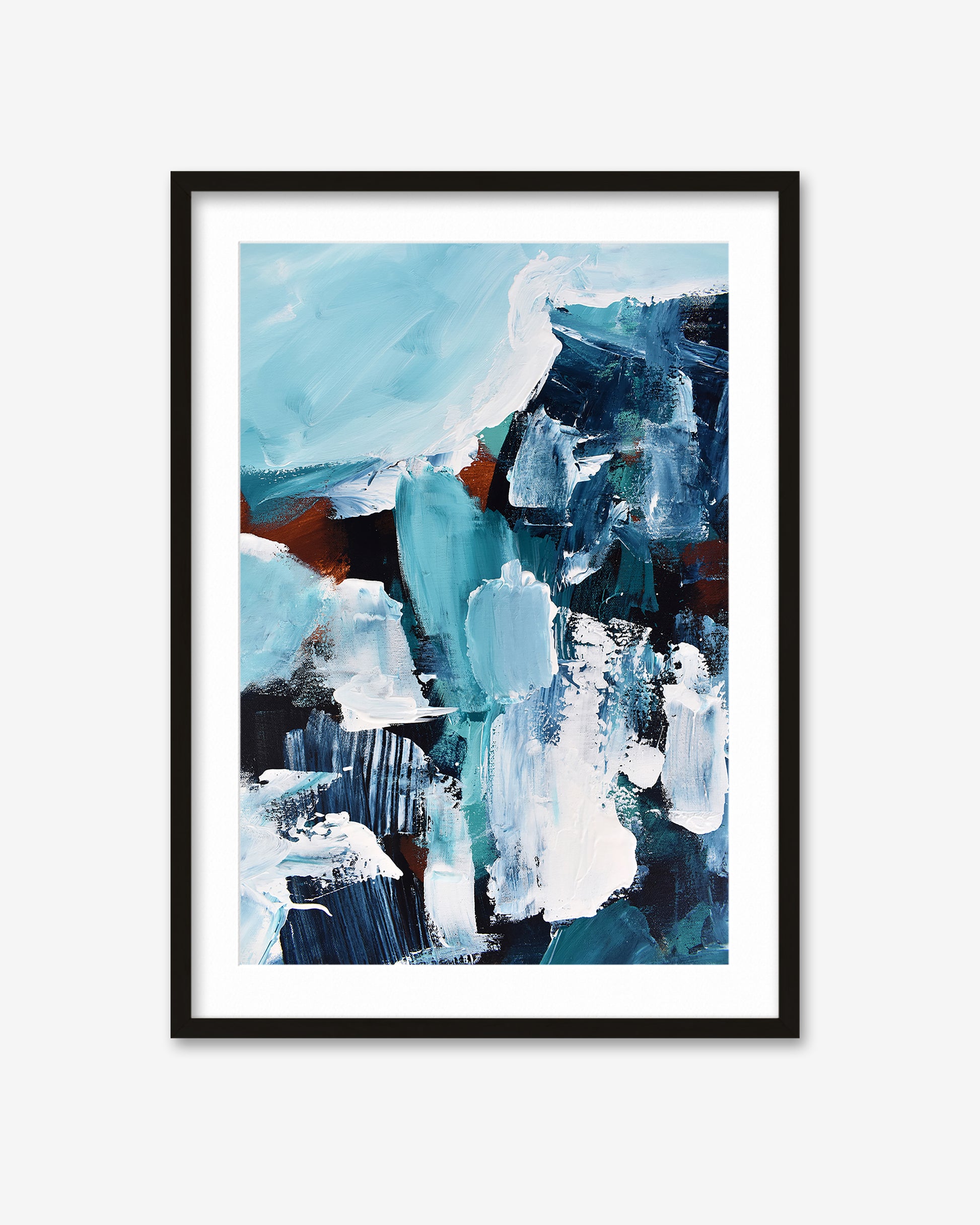 Framed abstract art print with blue, white, and black colors on a white background