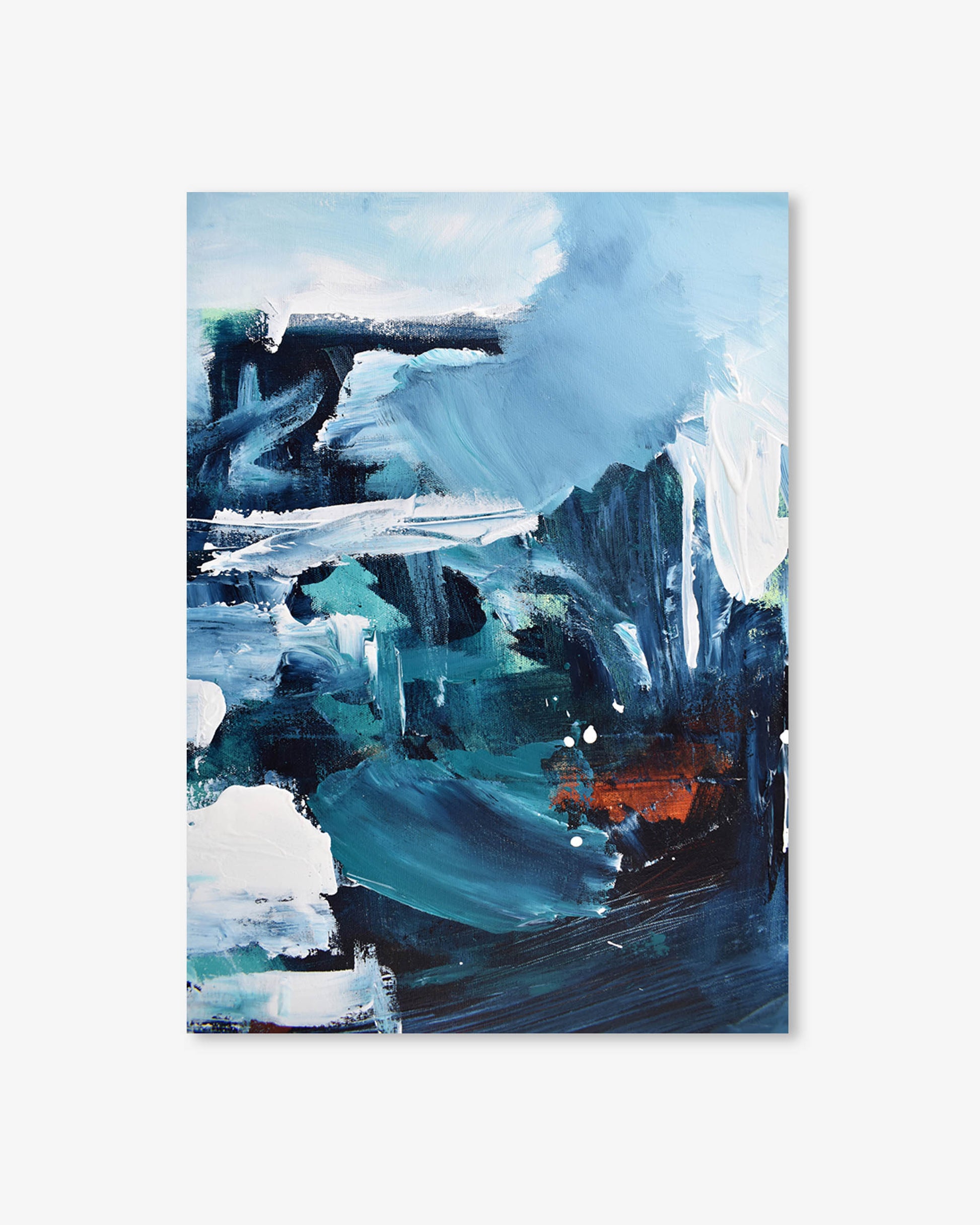 Abstract painting with blue, white, and black colors on a white background