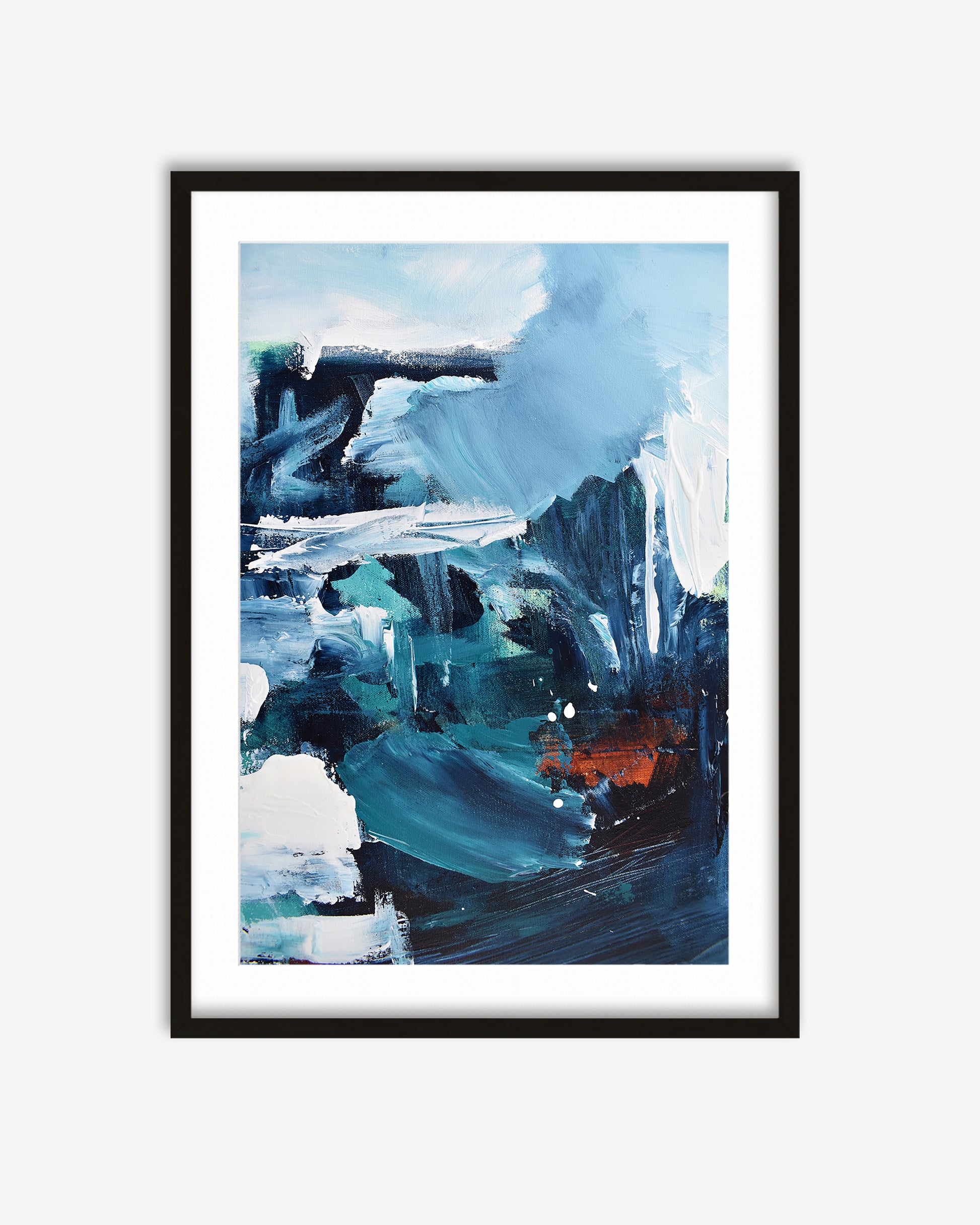 Framed abstract art print with blue and white brushstrokes on a white background