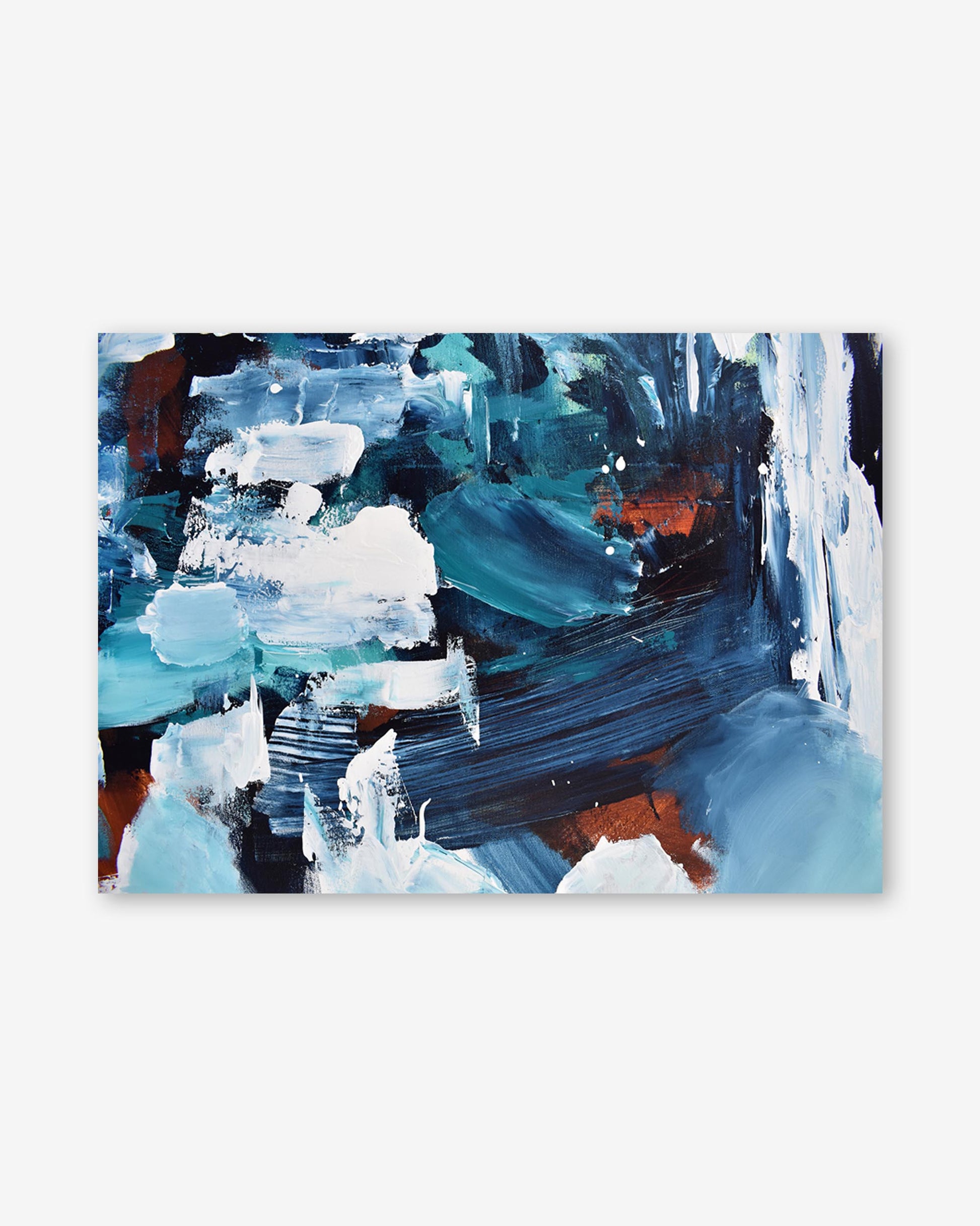 Abstract painting with blue, white, and black strokes on a white background