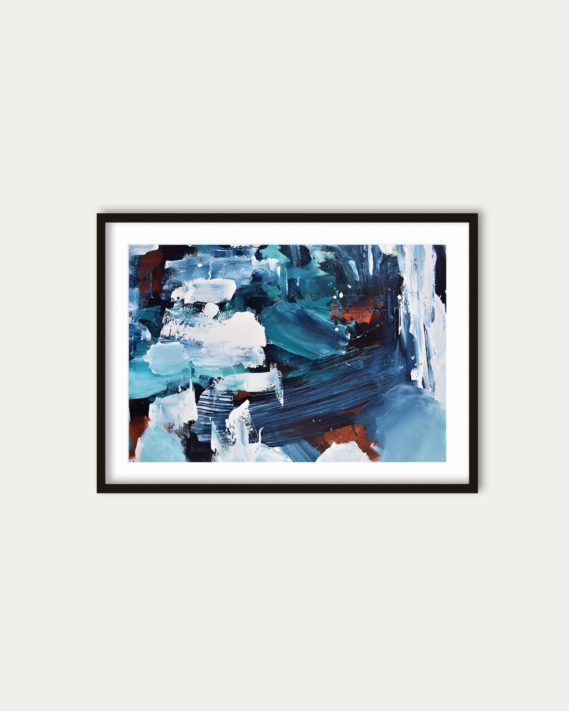 Framed abstract painting with blue and white brushstrokes on a light gray background