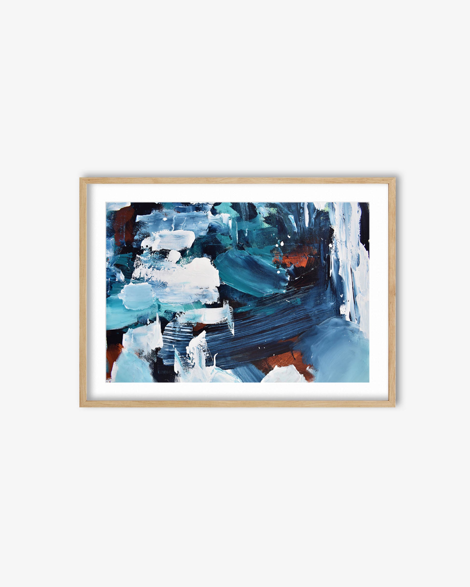 Framed abstract art print with blue and white brushstrokes on a light background