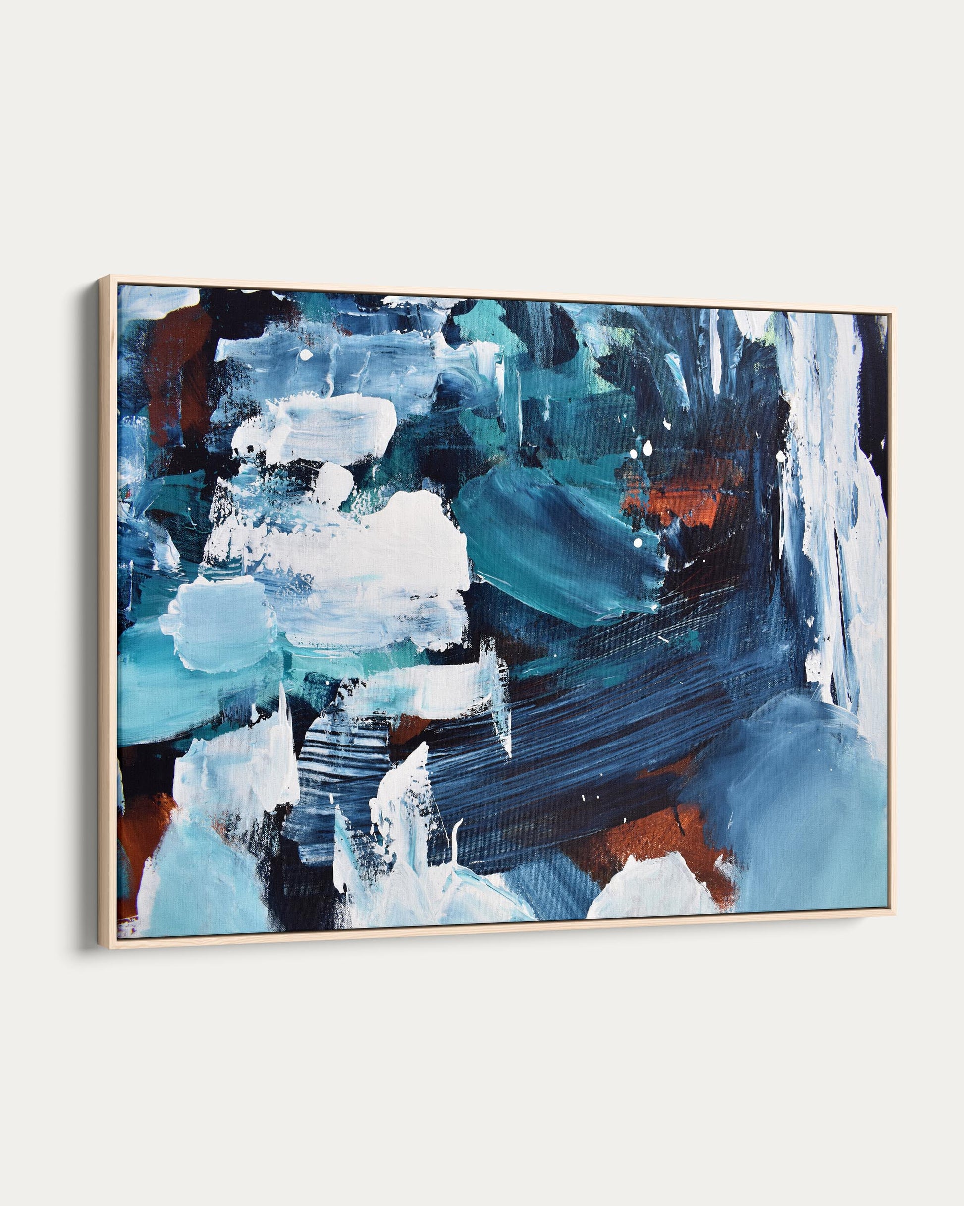 Abstract painting with blue, white, and brown colors on a white background