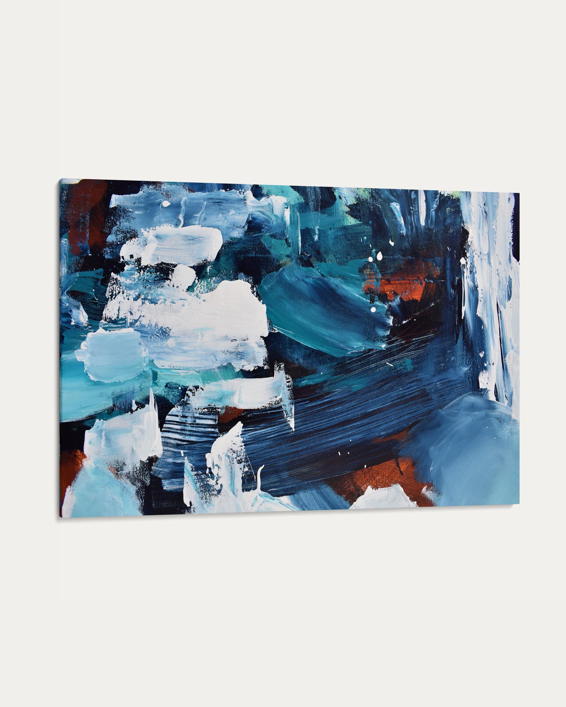 Abstract painting with blue, white, and black strokes on a white background