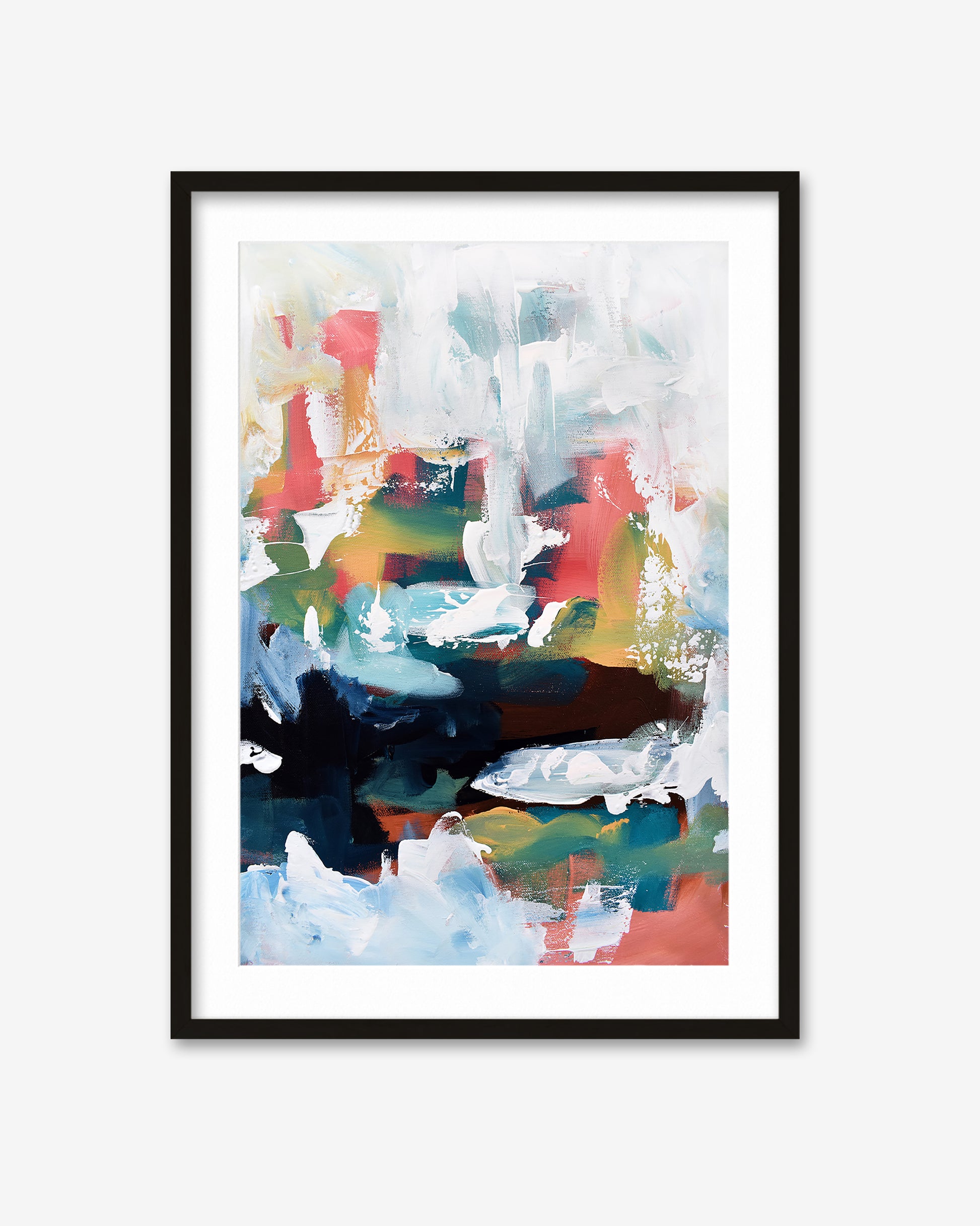 Framed abstract art print with colorful brush strokes on a white background