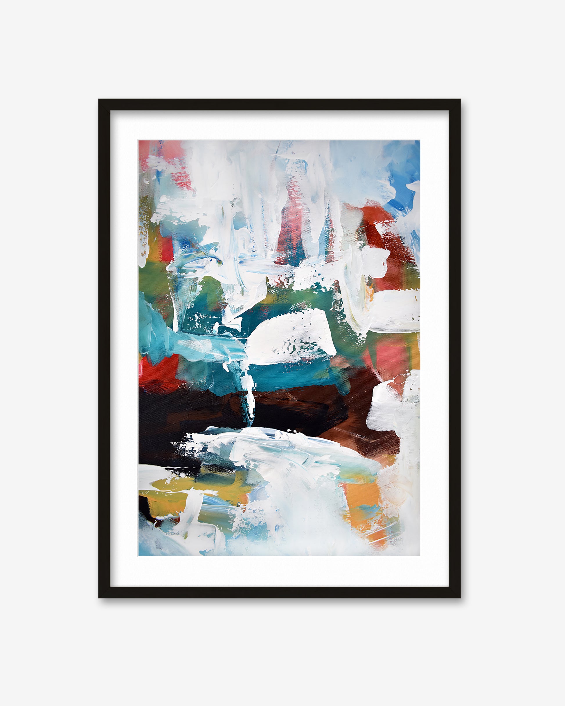 Framed abstract art print with colorful brush strokes on a white background