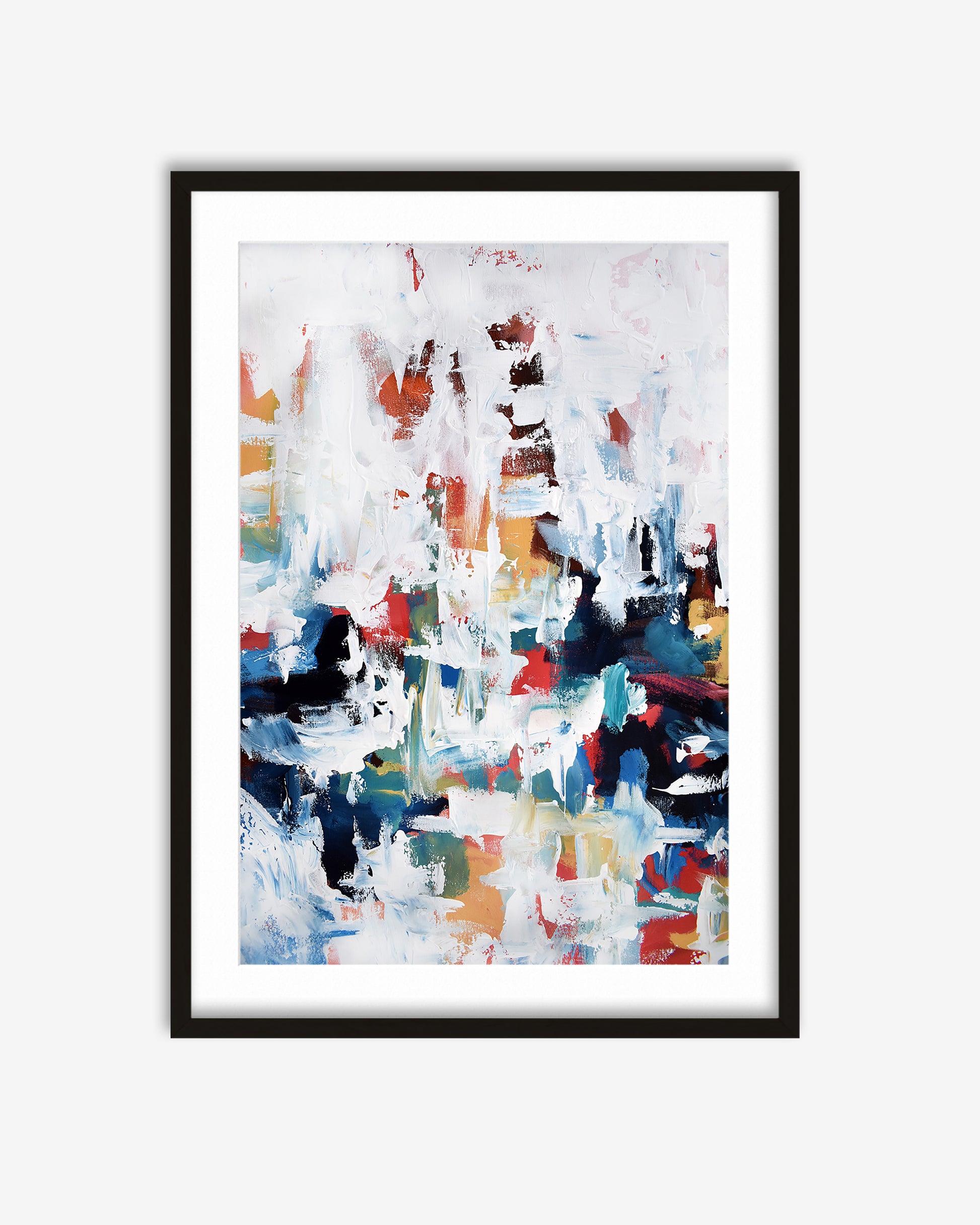 Framed abstract art print with multicolor brush strokes on a white background