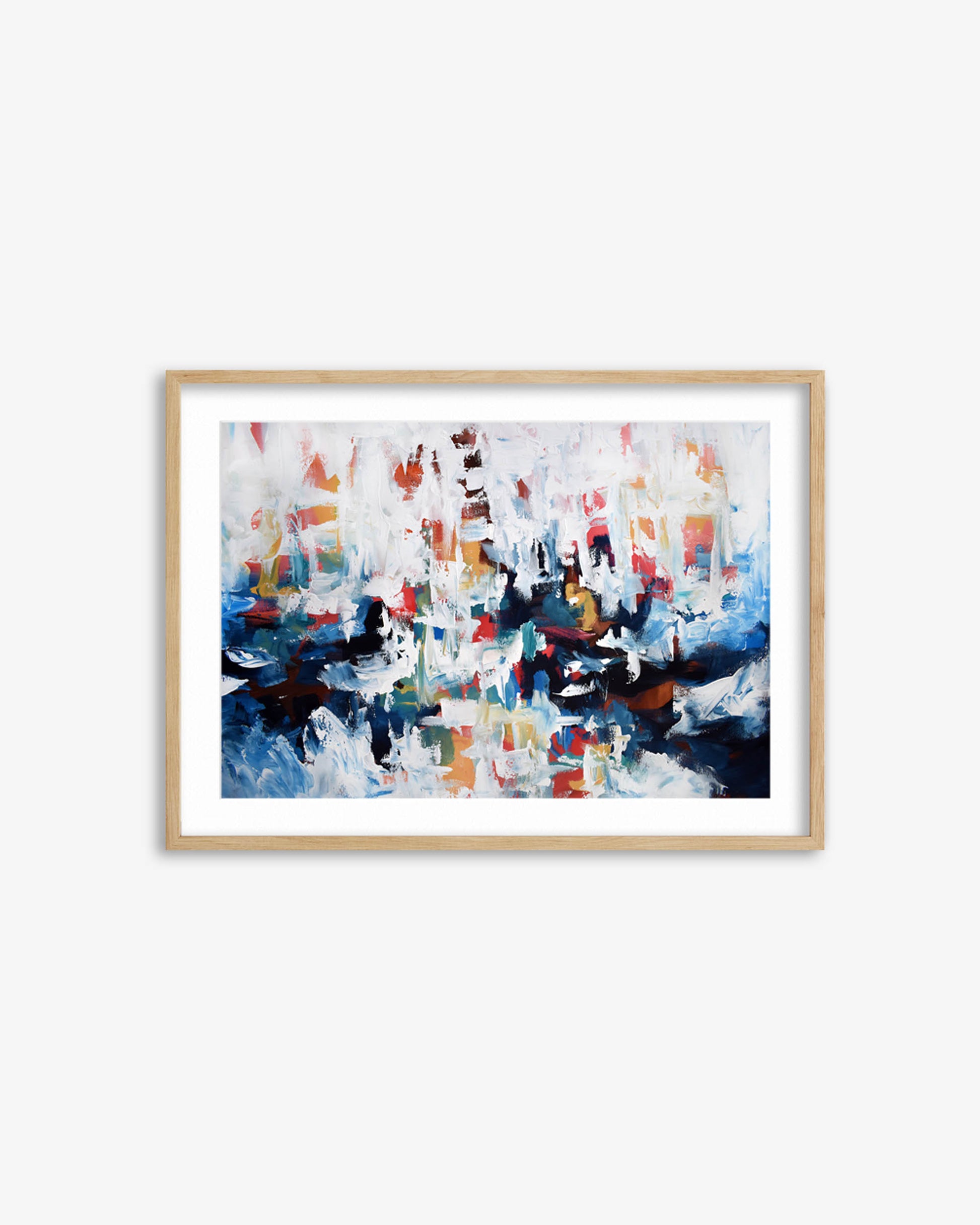 Framed abstract painting with colorful brush strokes on a white background