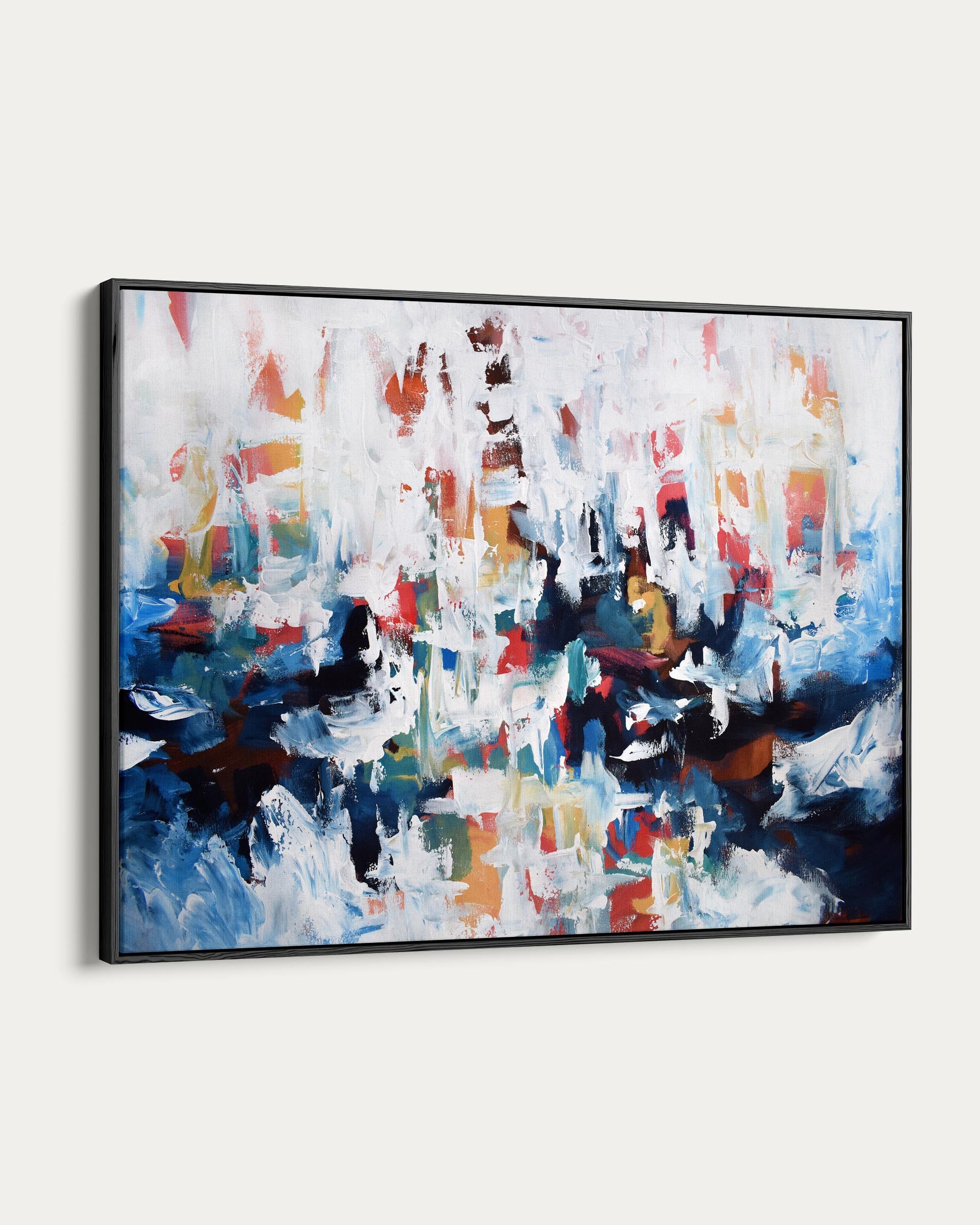 Abstract painting with colorful brush strokes in a black frame on a white background