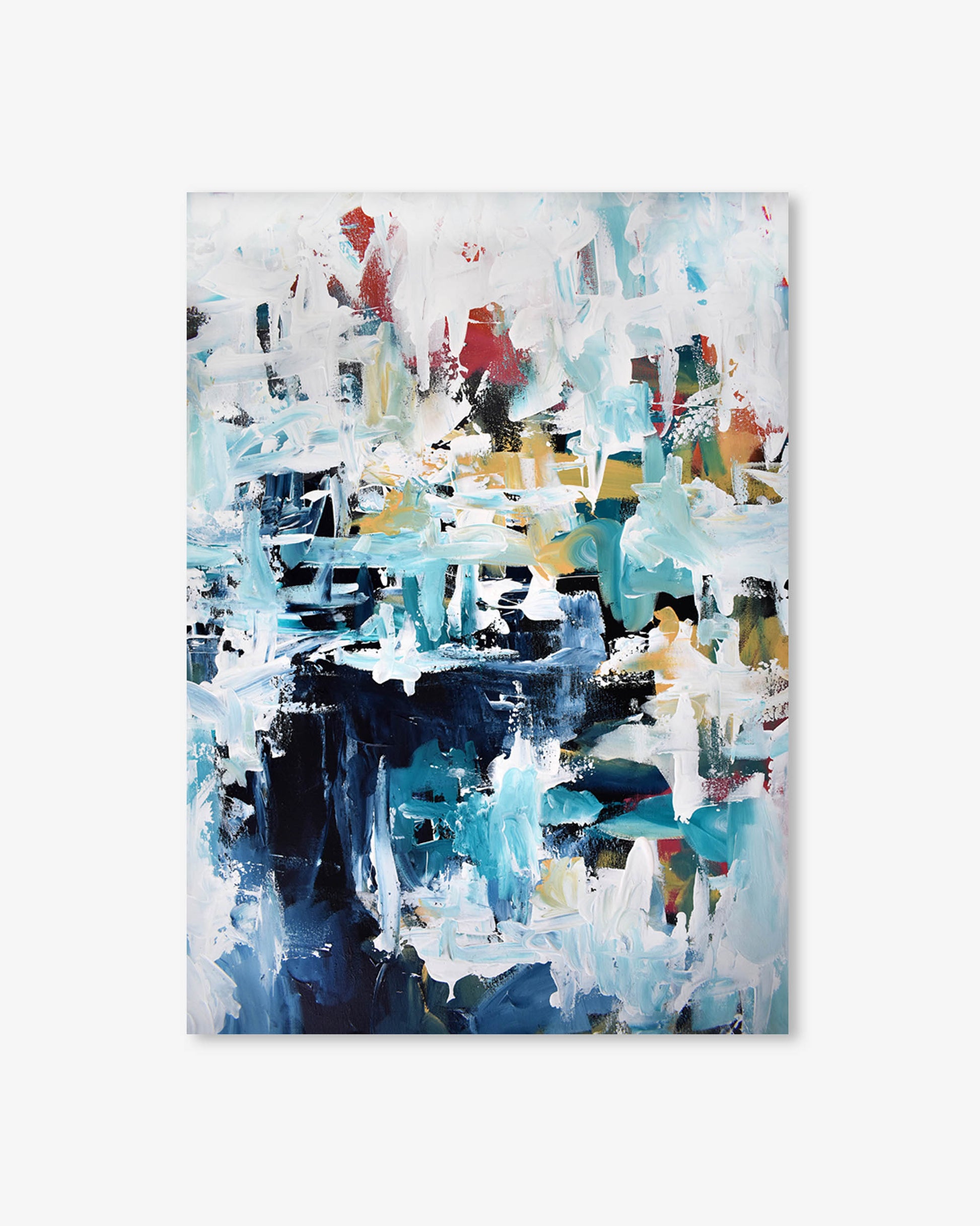 Abstract art print with a mix of blue, white, and multicolor on a white background