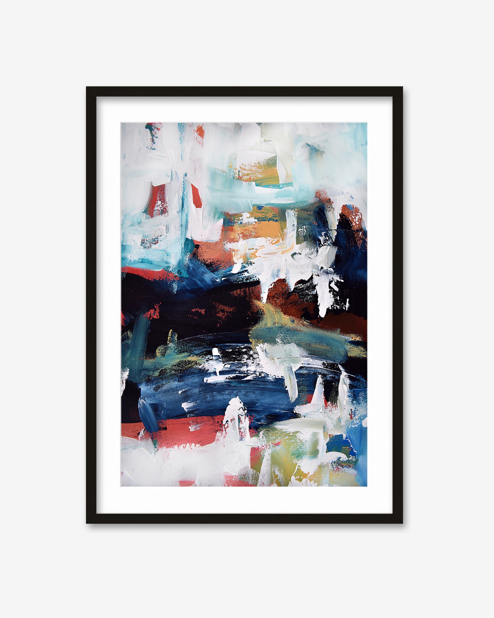Framed abstract art print with colorful brush strokes on a white background