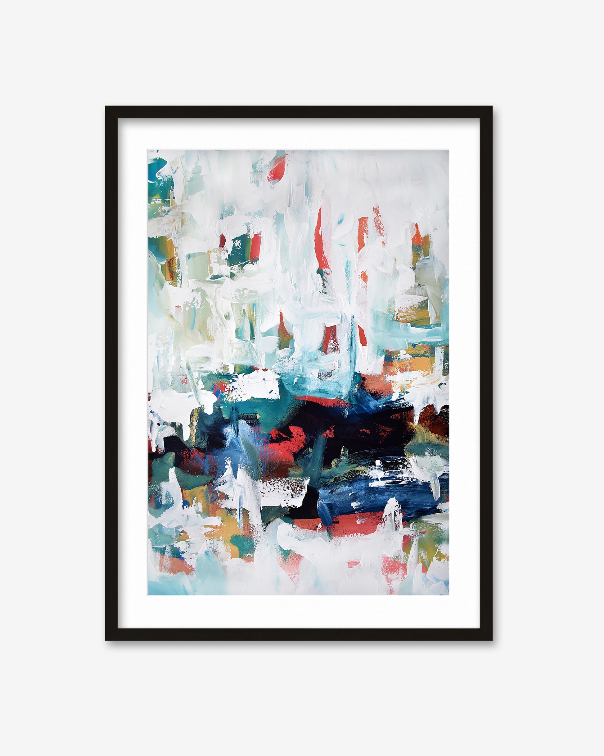 Framed abstract art print with colorful brush strokes on a white background