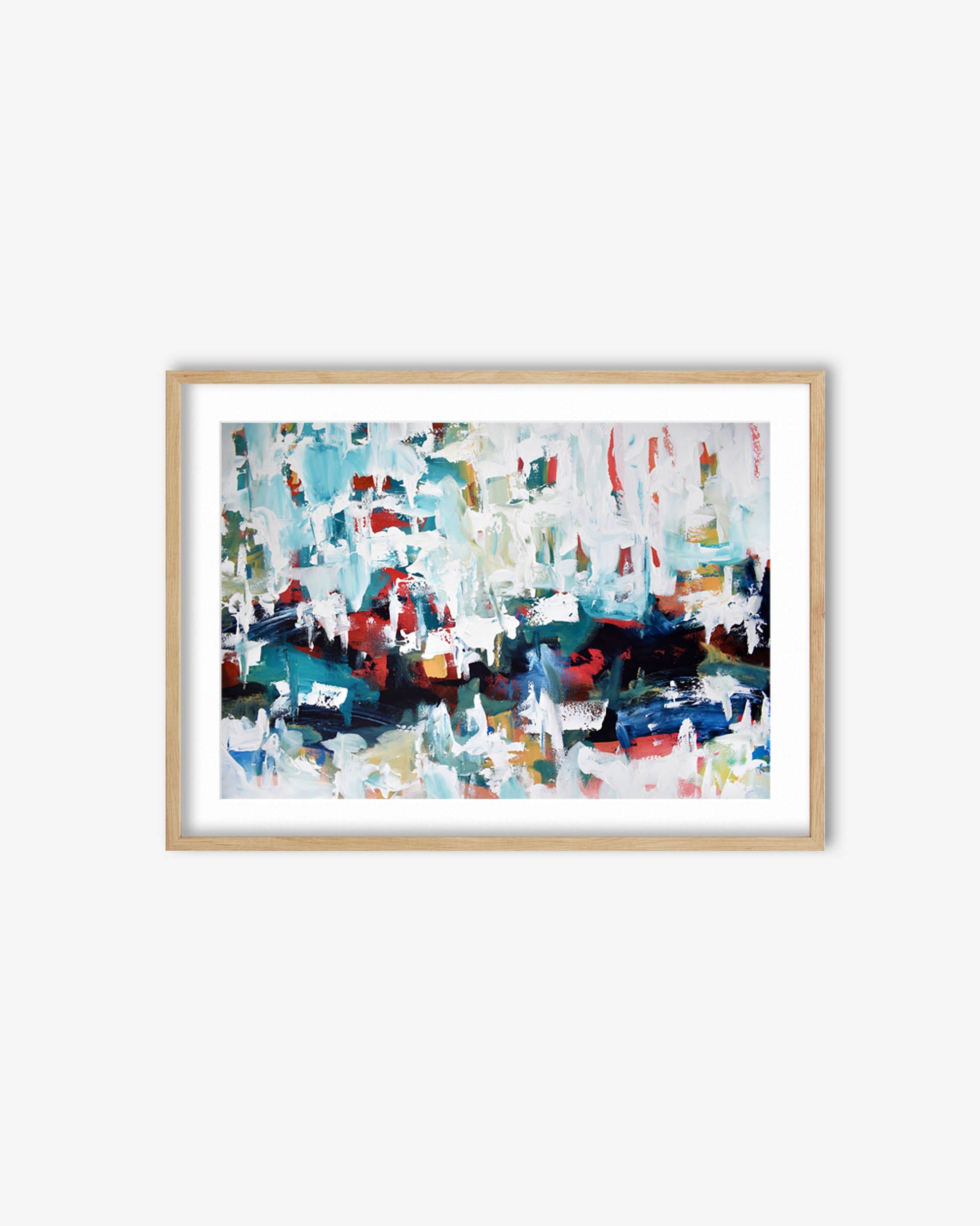 Framed abstract art print with colorful brush strokes on a white background