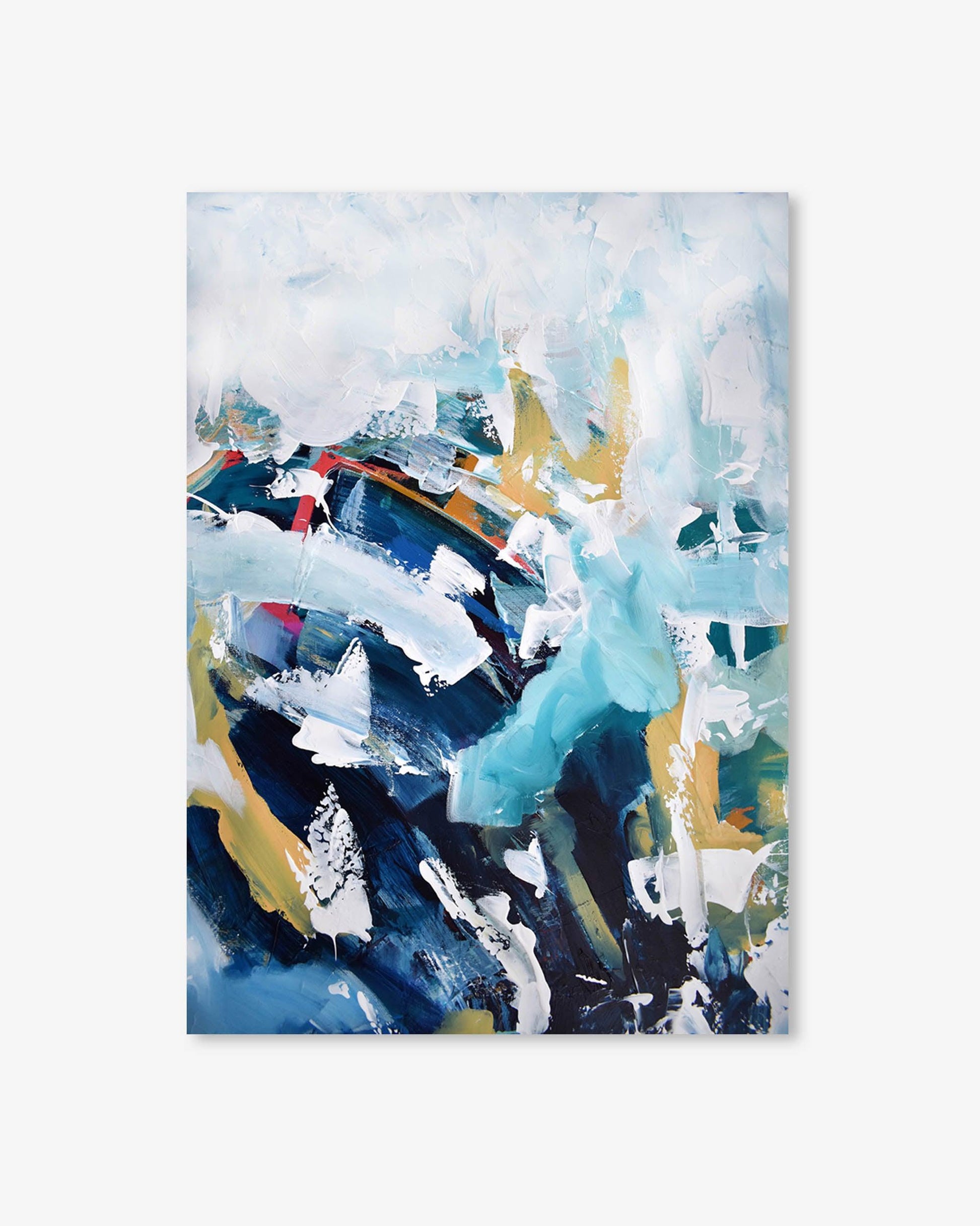 Abstract art print with blue, yellow, and black colors on a white background