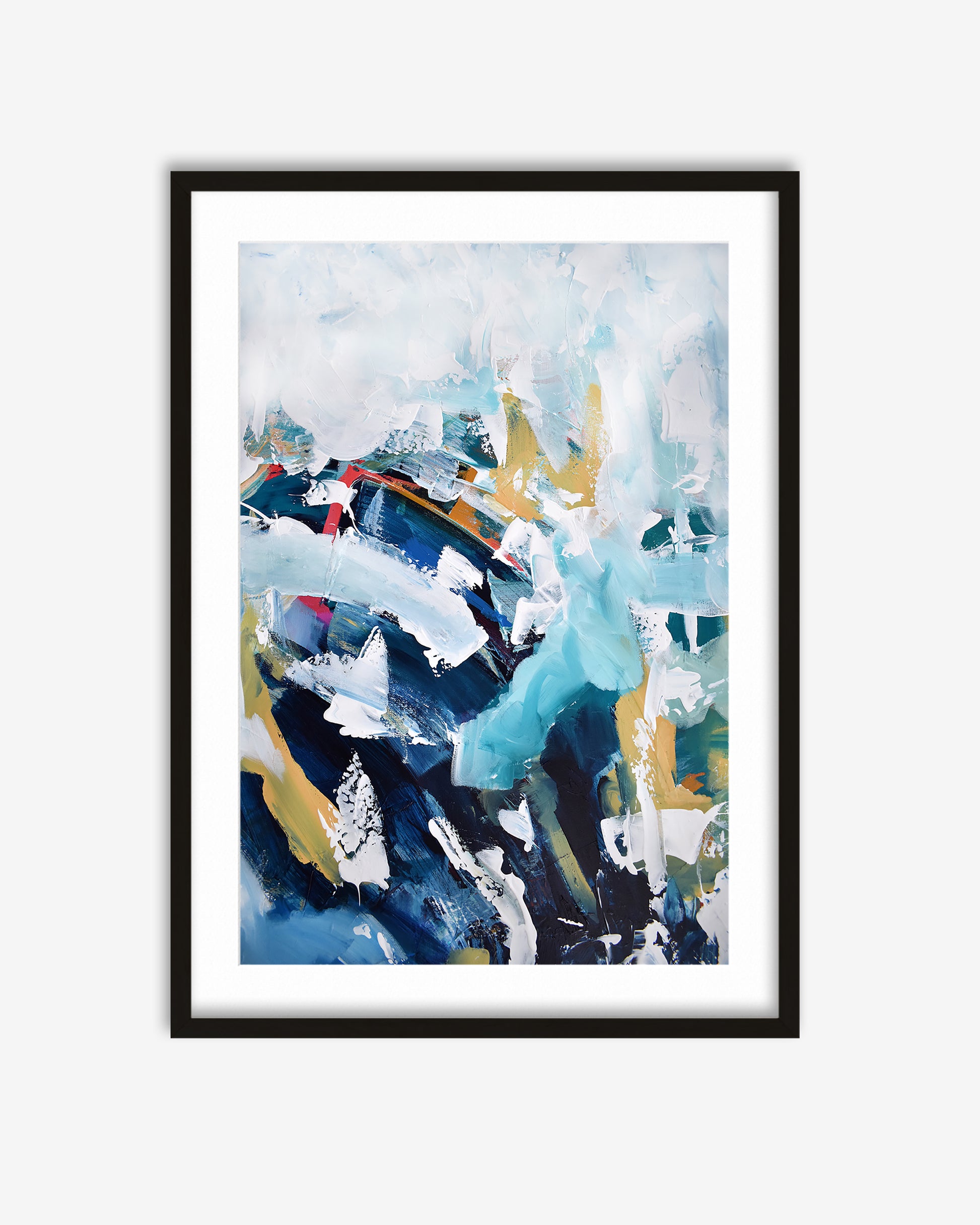 Framed abstract art print with blue, gold, and white colors on a white background