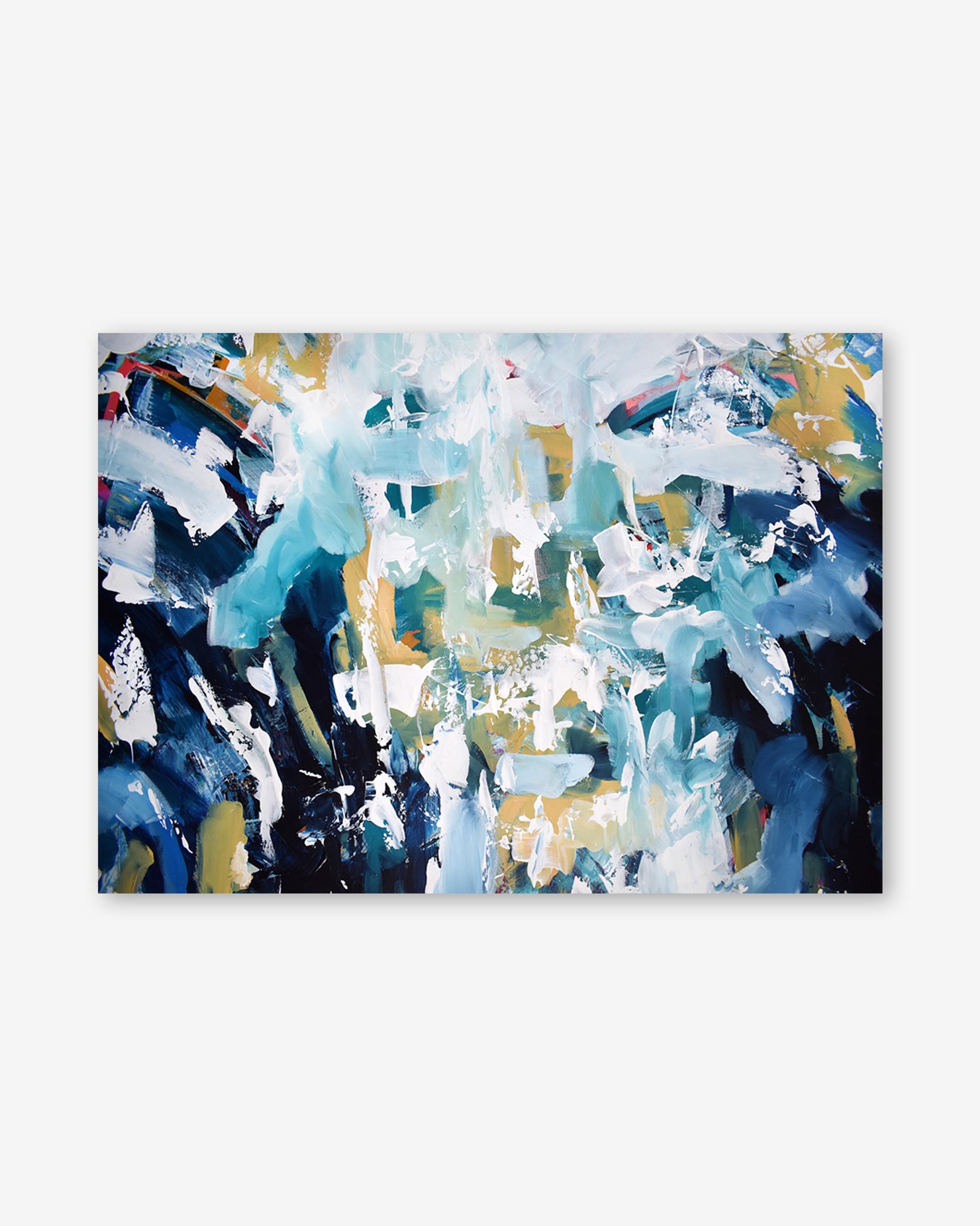 Abstract art print with blue, white, and yellow colors on a white background