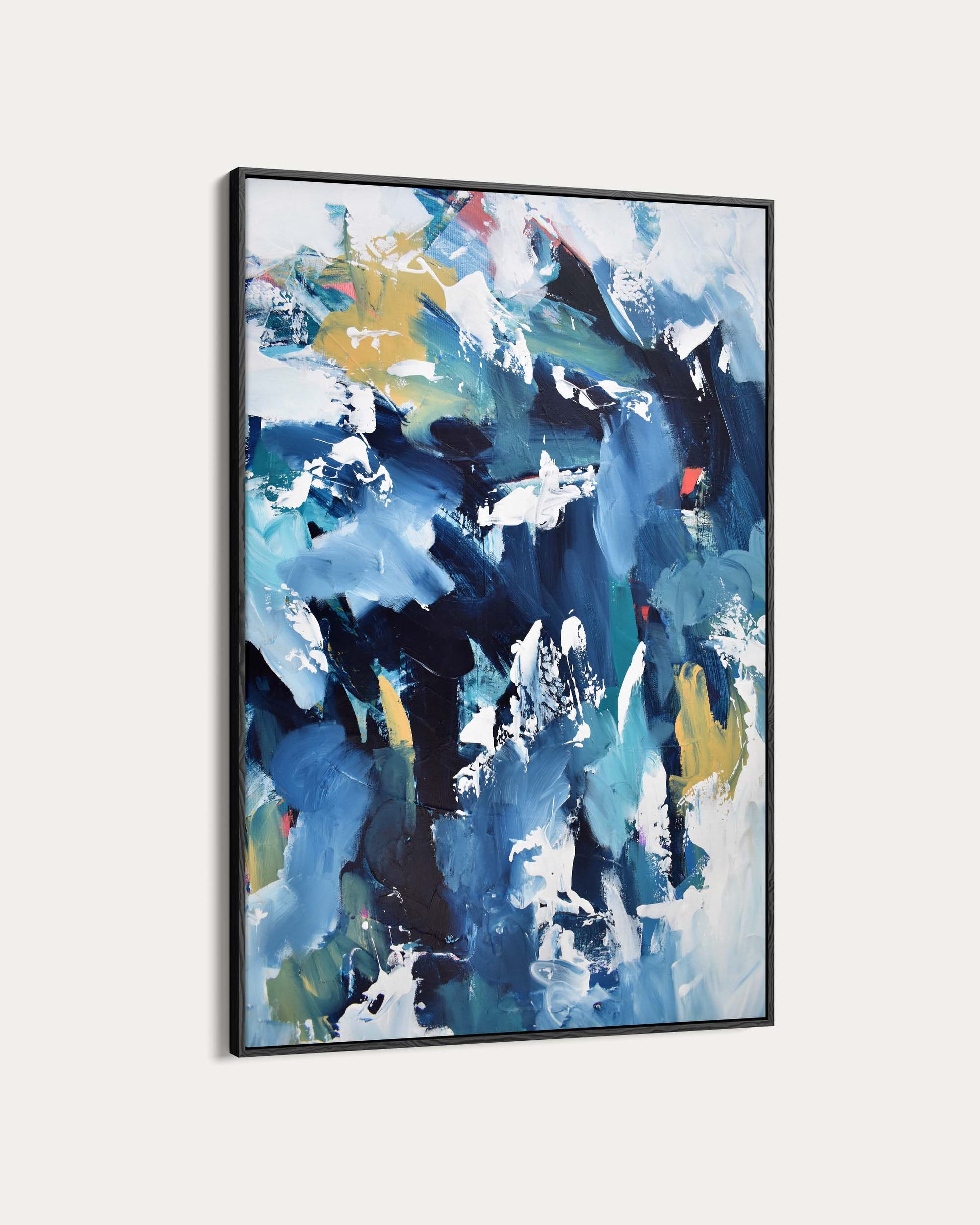Abstract painting with blue, white, and yellow colors on a light gray background