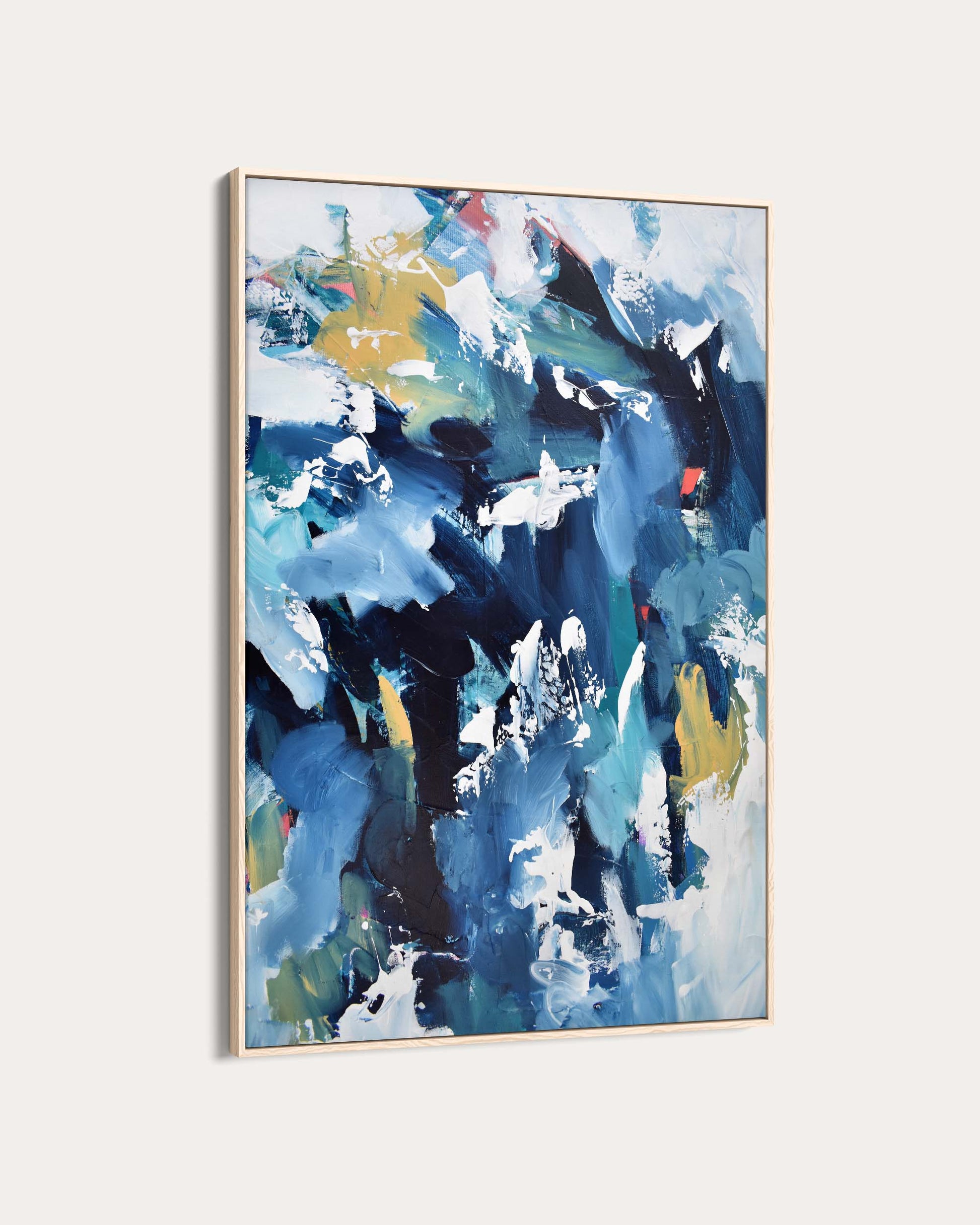 Abstract painting with blue, white, and yellow colors on a light gray background