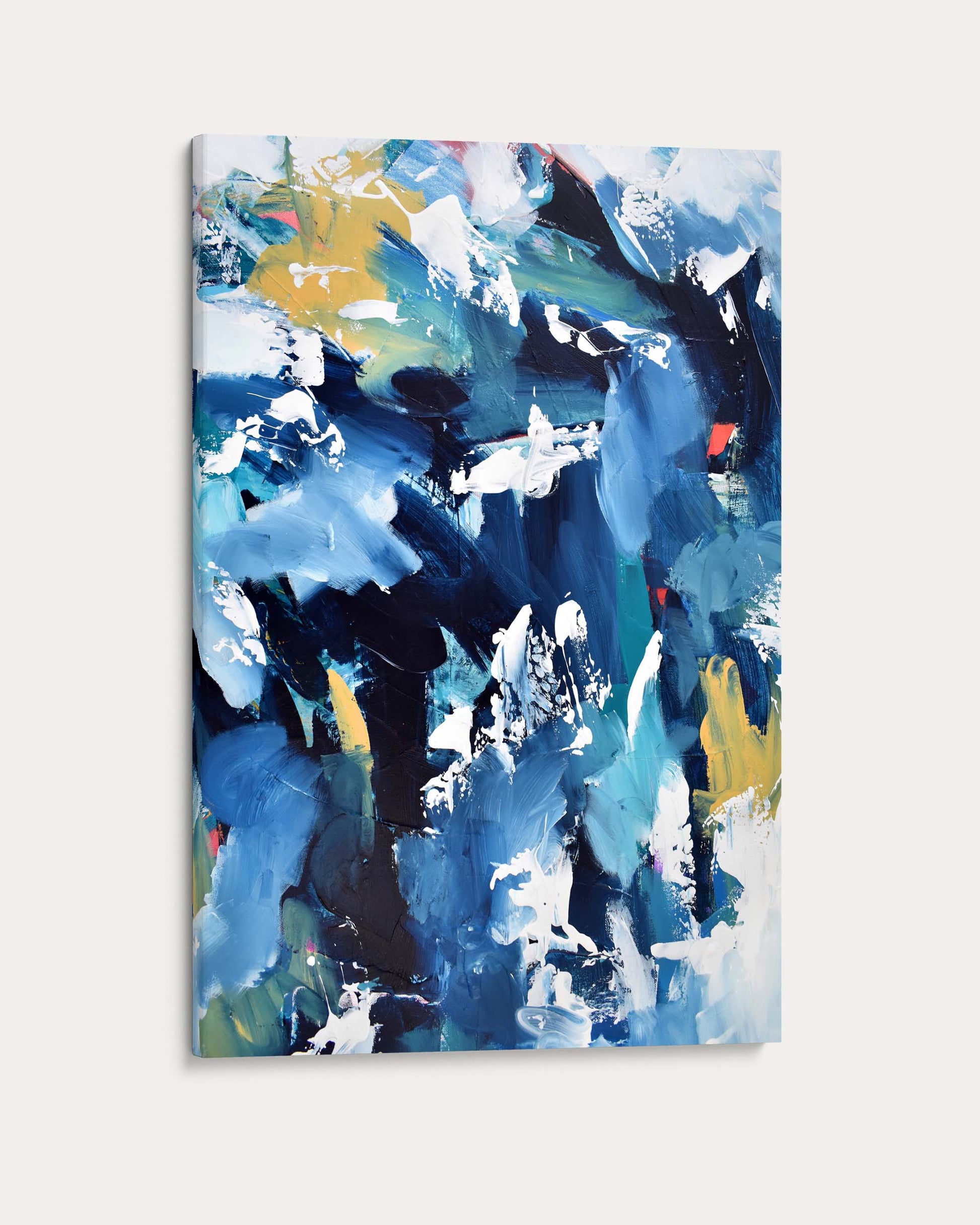 Abstract painting with blue, black, and yellow colors on a white background