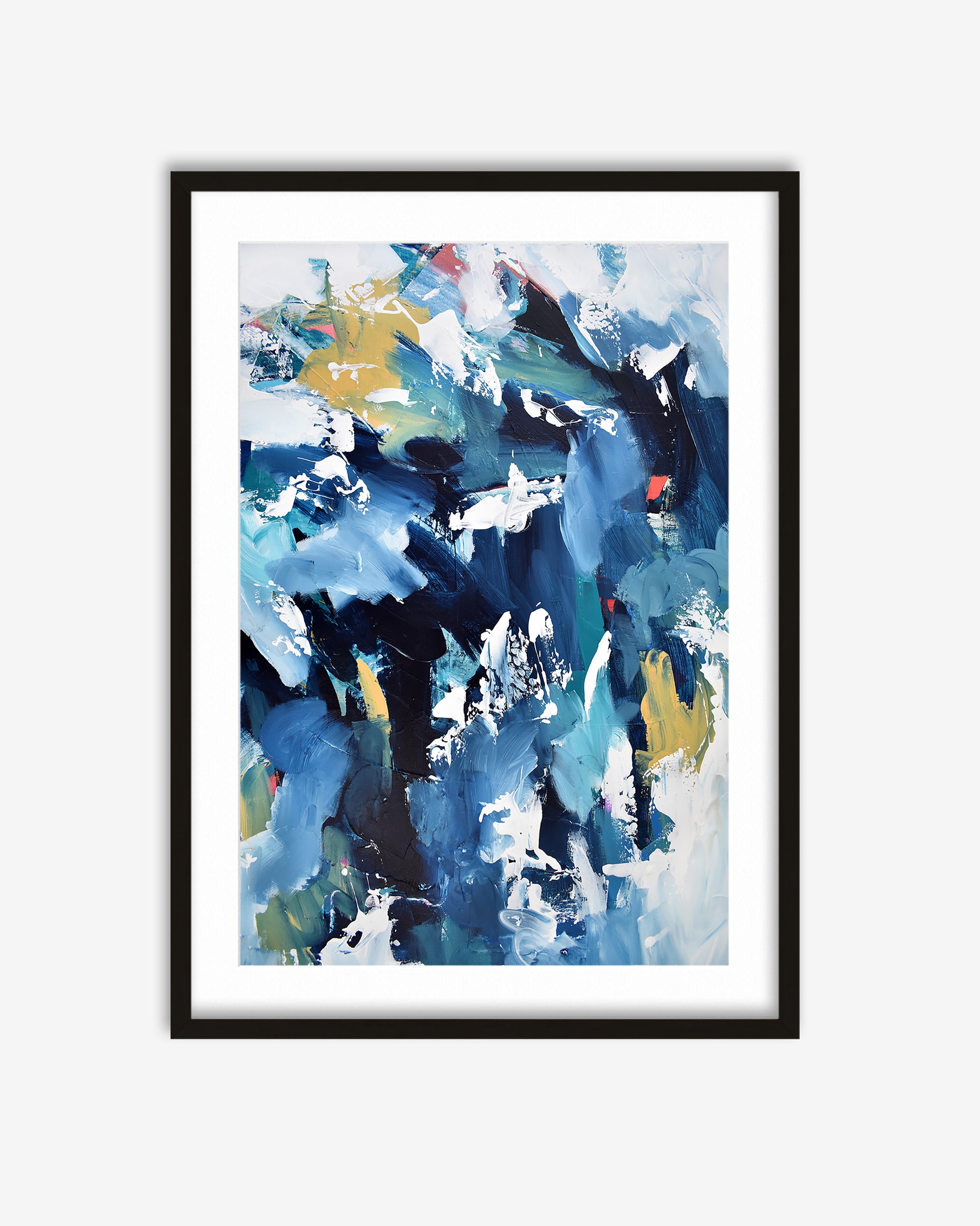 Framed abstract art print with blue, white, and yellow colors on a white background