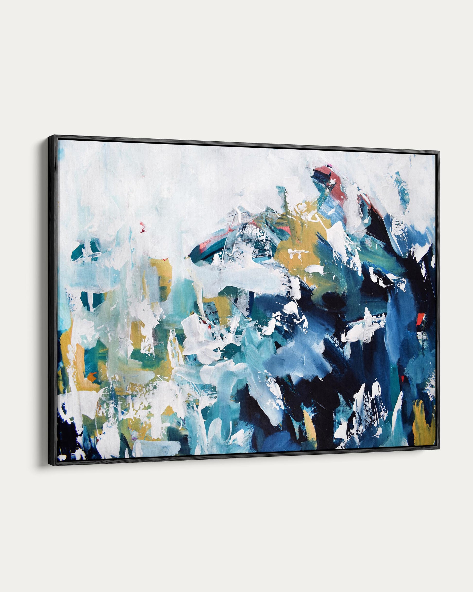 Abstract painting with blue, green, and white colors on a white background