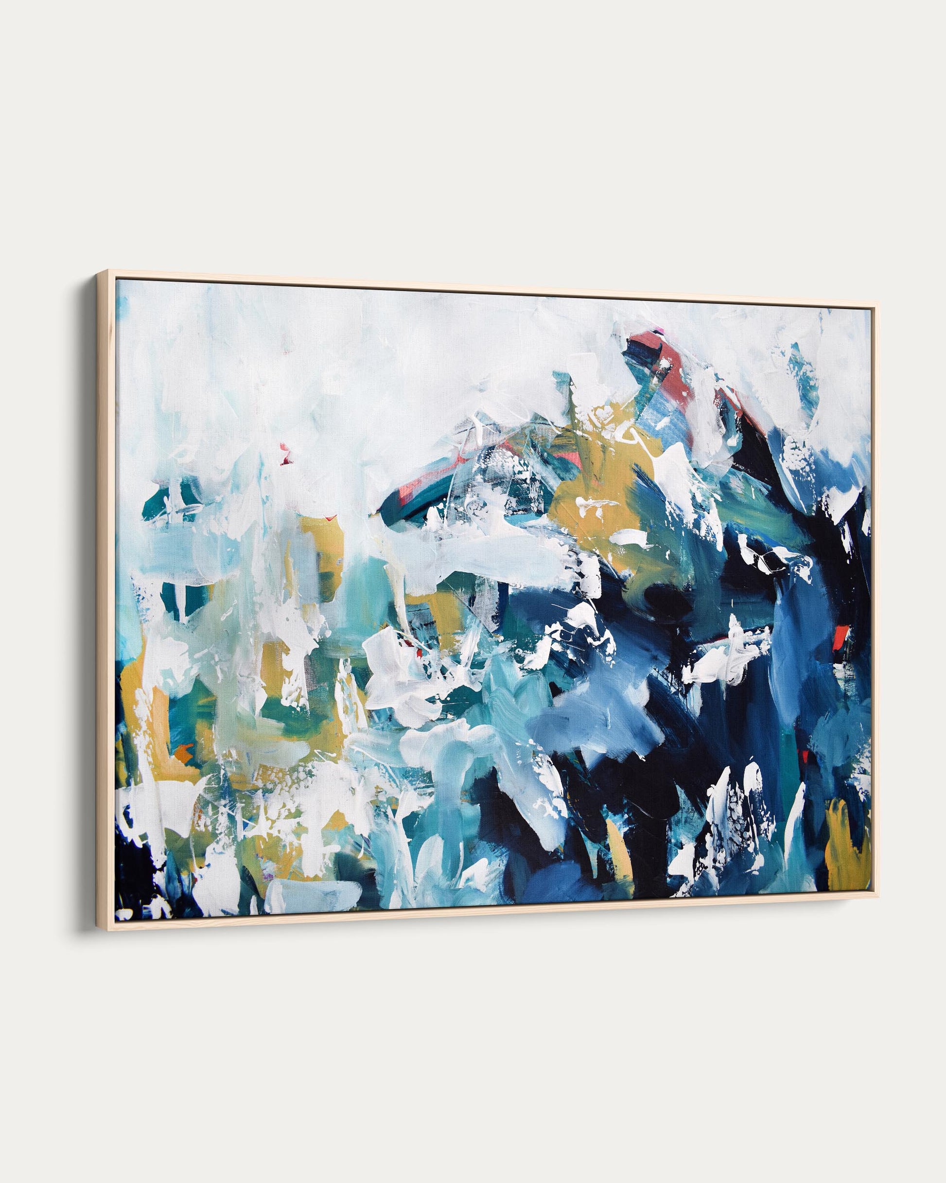 Abstract painting with blue, green, and white colors on a white background