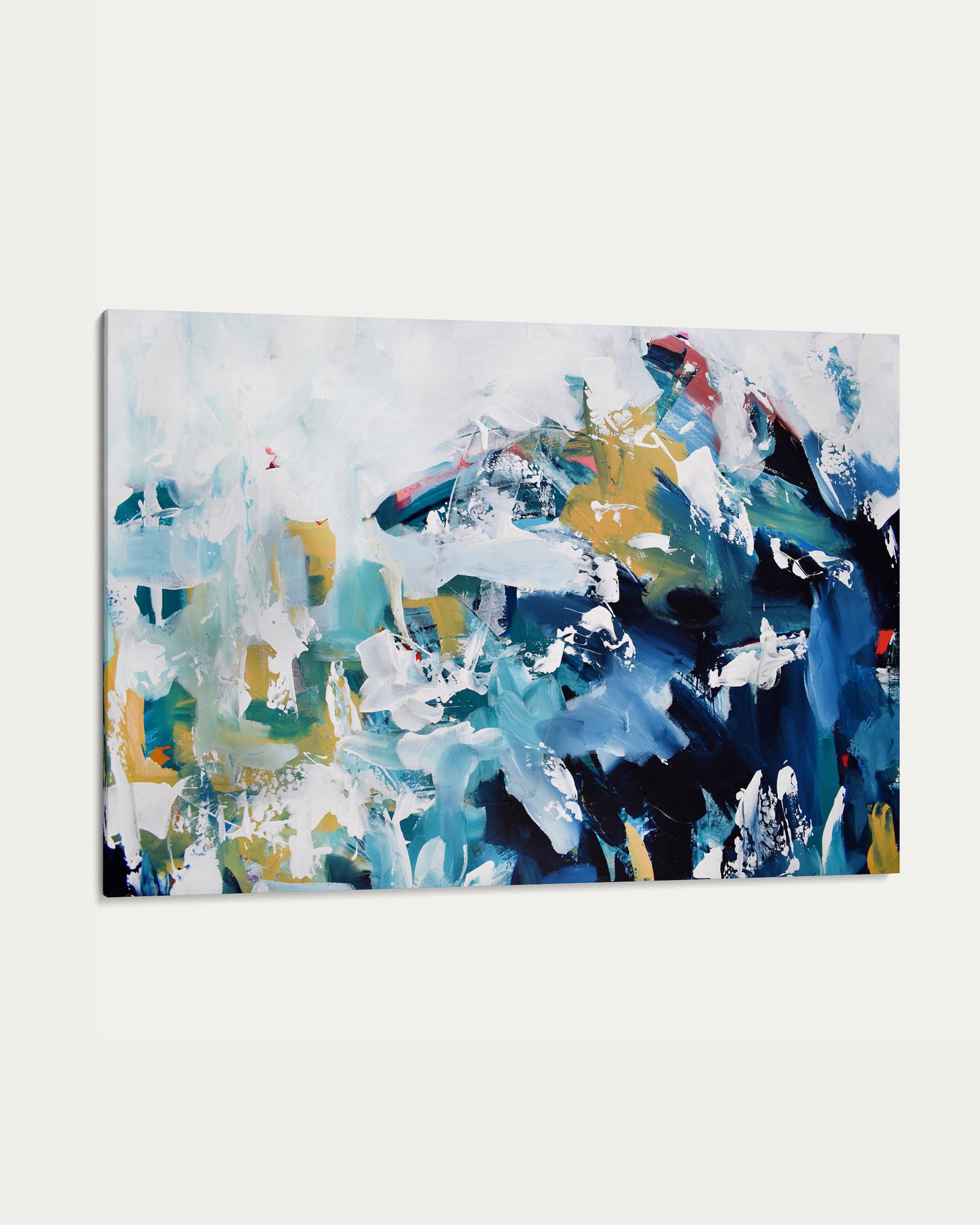 Abstract painting with a mix of blue, green, and black on a white background