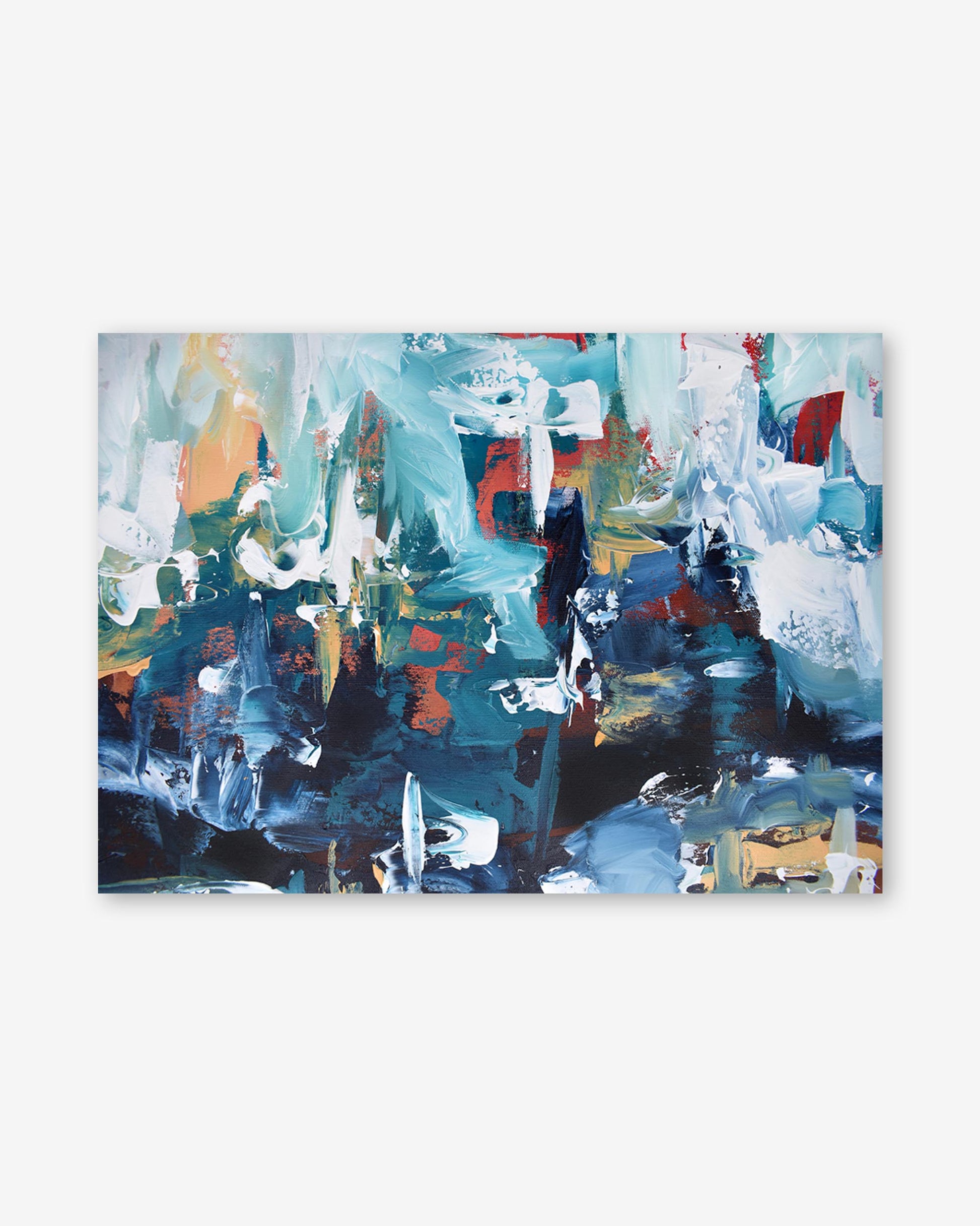 Abstract painting with a mix of blue, red, and white on a white background