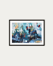 Framed abstract painting with a black border on a white wall